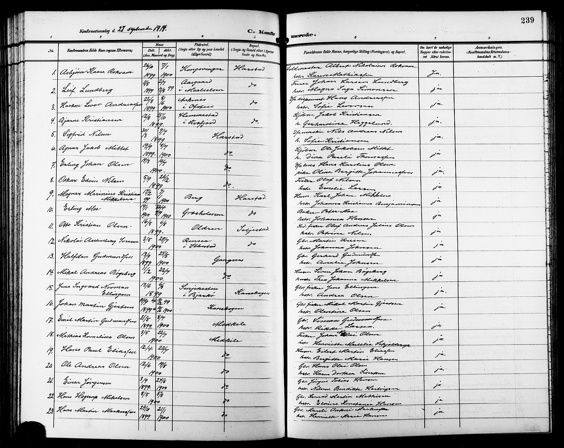 Trondenes sokneprestkontor, SATØ/S-1319/H/Hb/L0012klokker: Parish register (copy) no. 12, 1907-1916, p. 239