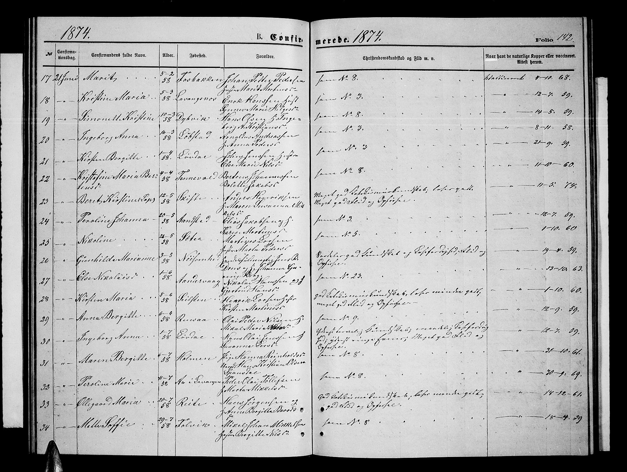 Ibestad sokneprestembete, AV/SATØ-S-0077/H/Ha/Hab/L0006klokker: Parish register (copy) no. 6, 1871-1879, p. 142