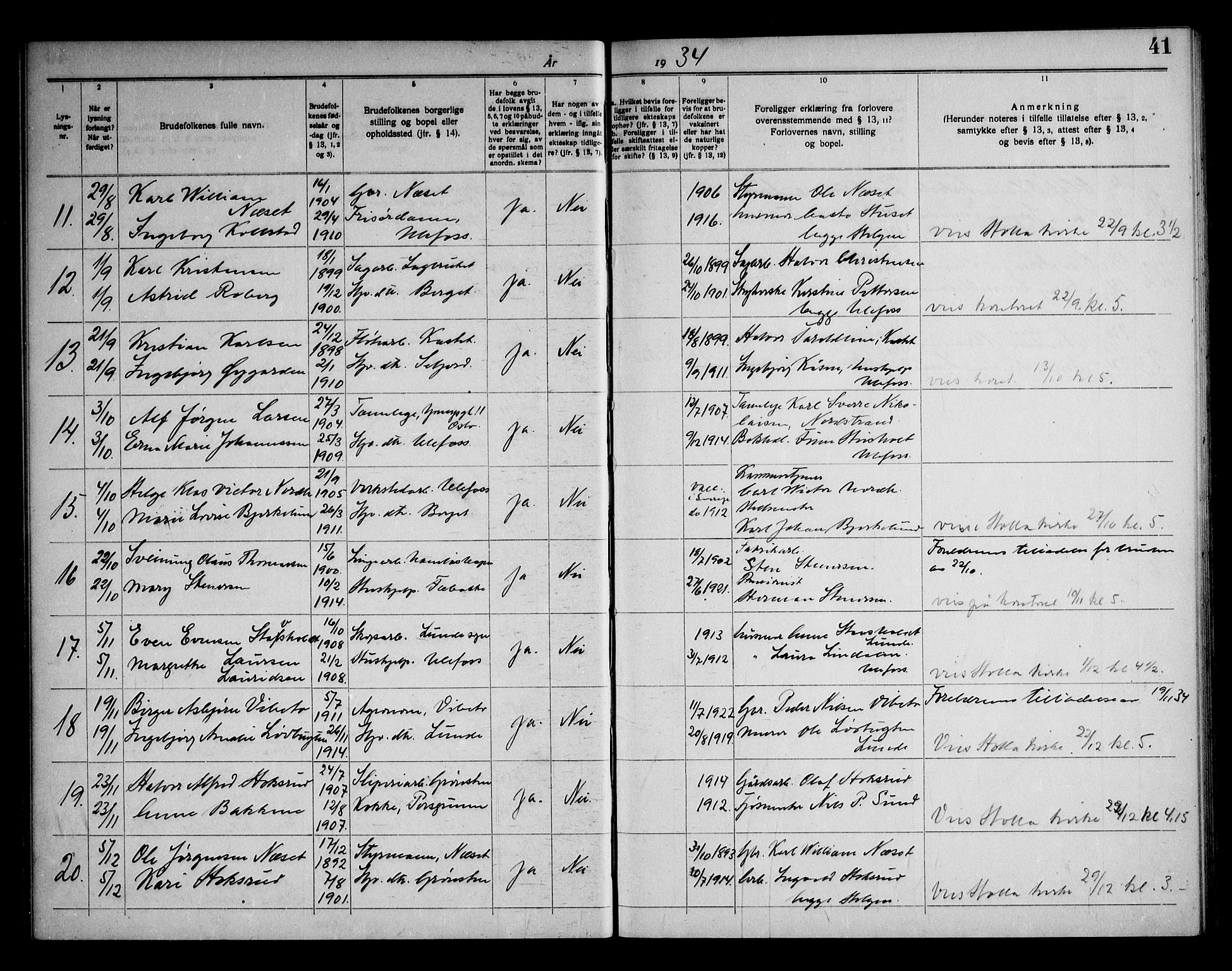 Holla kirkebøker, SAKO/A-272/H/Ha/L0001: Banns register no. 1, 1919-1951, p. 41