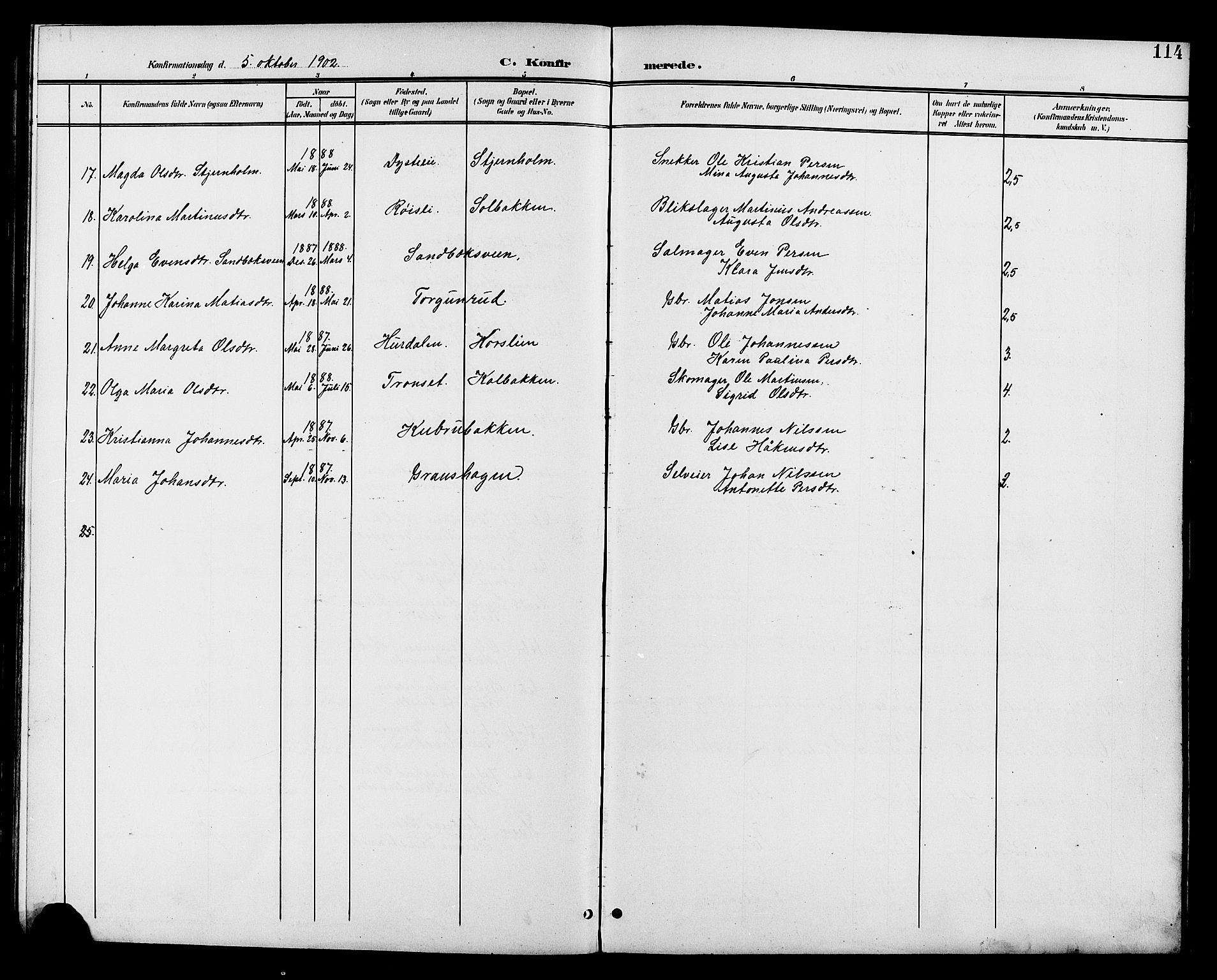 Vestre Toten prestekontor, SAH/PREST-108/H/Ha/Hab/L0011: Parish register (copy) no. 11, 1901-1911, p. 114