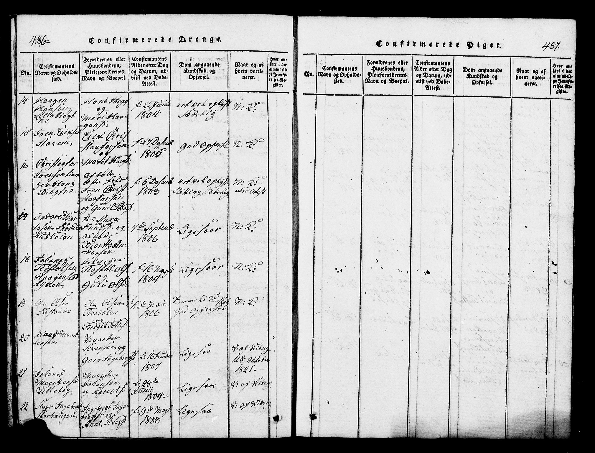 Lesja prestekontor, SAH/PREST-068/H/Ha/Hab/L0001: Parish register (copy) no. 1, 1820-1831, p. 486-487