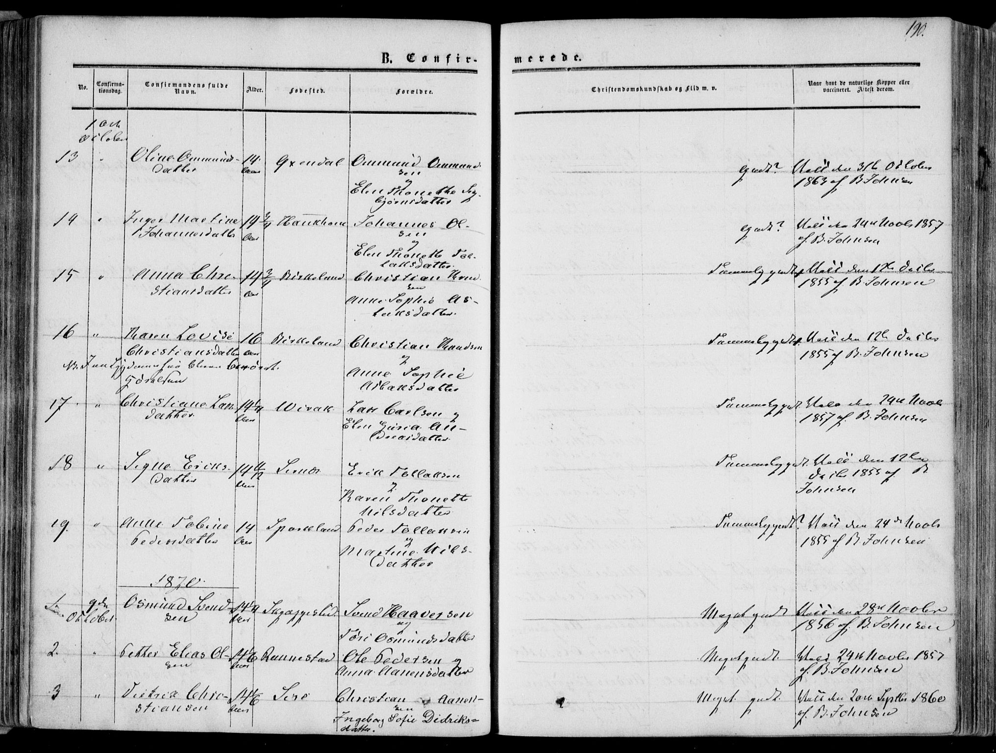 Bakke sokneprestkontor, SAK/1111-0002/F/Fa/Faa/L0006: Parish register (official) no. A 6, 1855-1877, p. 190