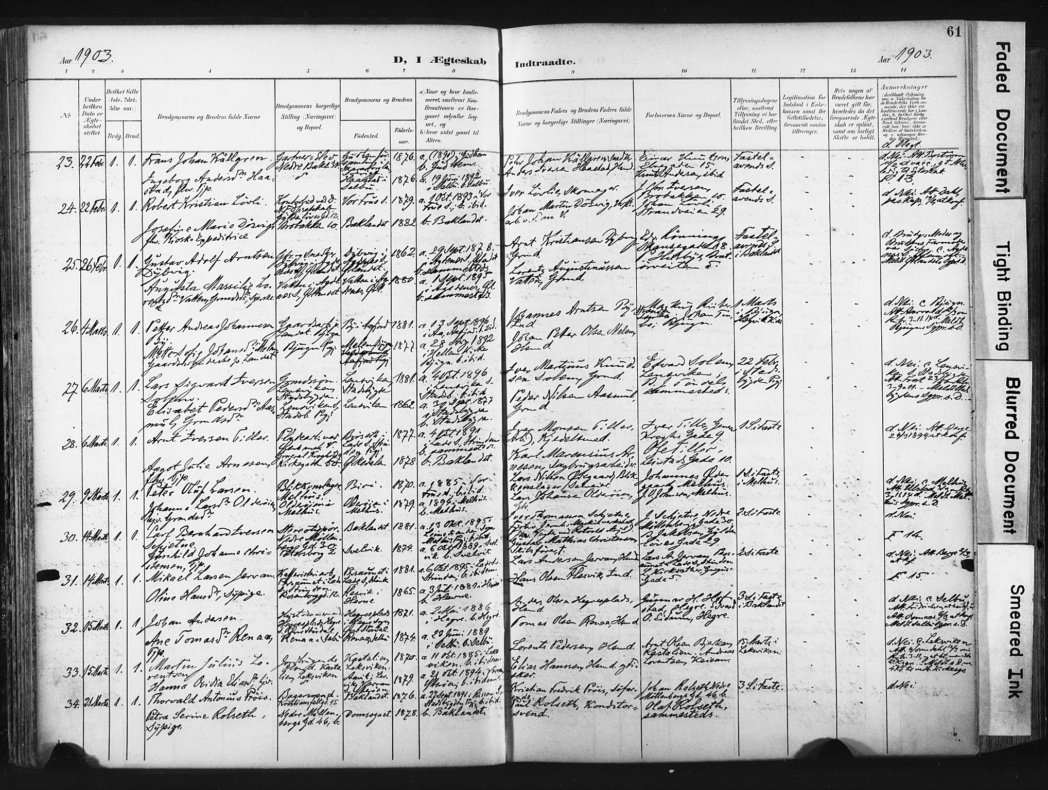 Ministerialprotokoller, klokkerbøker og fødselsregistre - Sør-Trøndelag, AV/SAT-A-1456/604/L0201: Parish register (official) no. 604A21, 1901-1911, p. 61