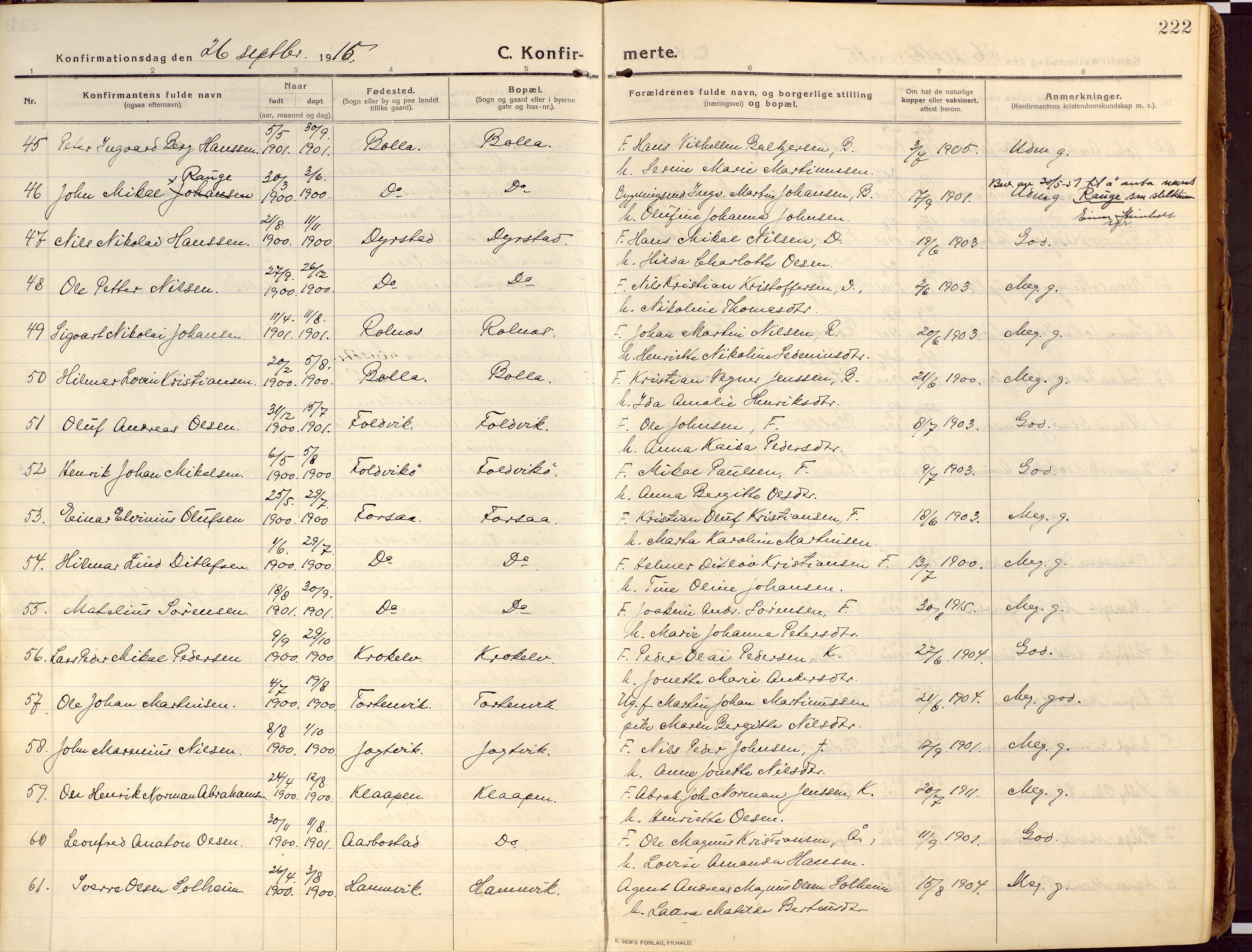 Ibestad sokneprestembete, SATØ/S-0077/H/Ha/Haa/L0018kirke: Parish register (official) no. 18, 1915-1929, p. 222