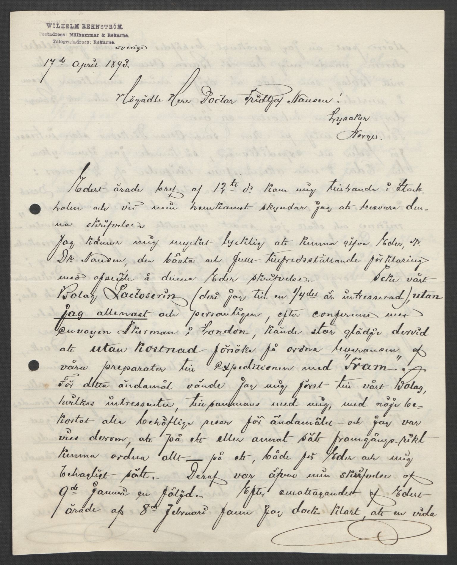 Arbeidskomitéen for Fridtjof Nansens polarekspedisjon, AV/RA-PA-0061/D/L0004: Innk. brev og telegrammer vedr. proviant og utrustning, 1892-1893, p. 767