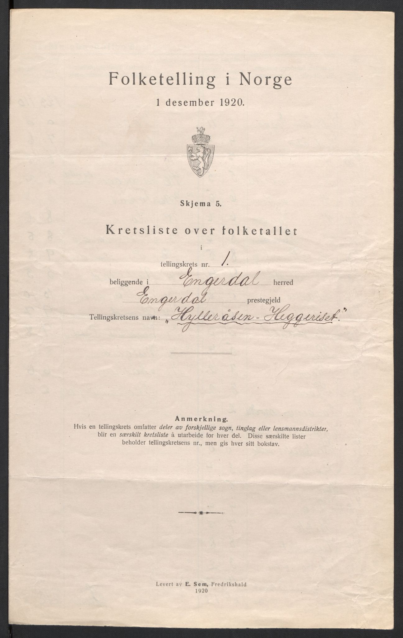 SAH, 1920 census for Engerdal, 1920, p. 6