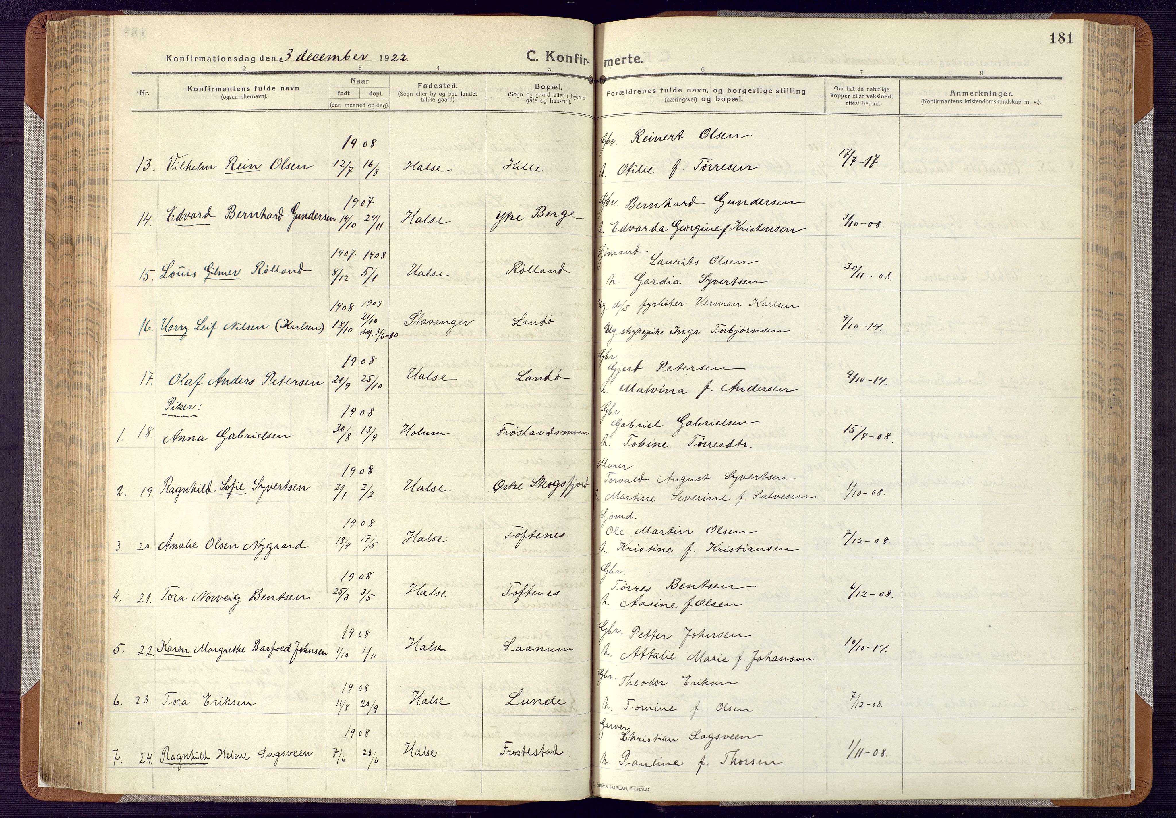 Mandal sokneprestkontor, AV/SAK-1111-0030/F/Fa/Faa/L0022: Parish register (official) no. A 22, 1913-1925, p. 181