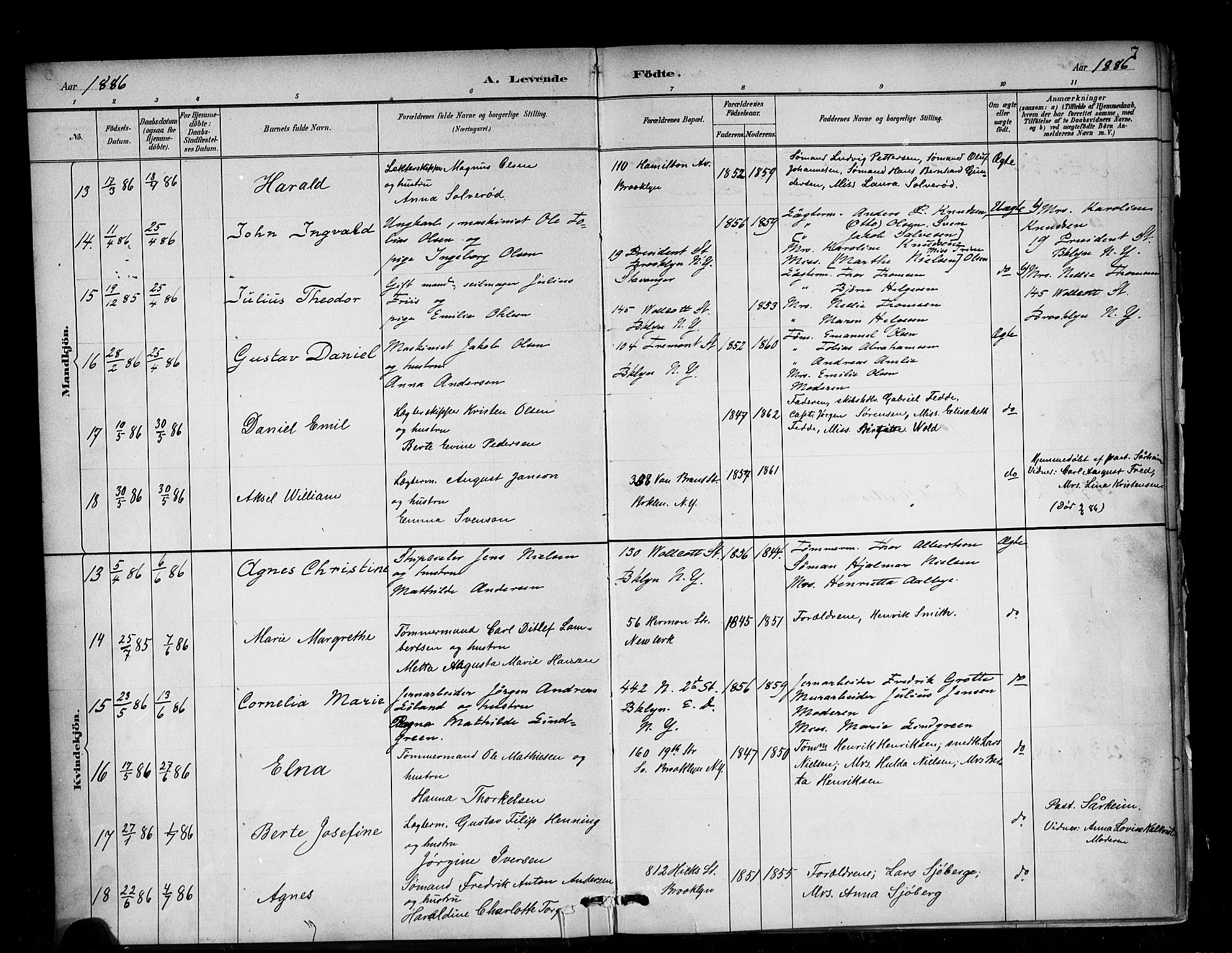 Den norske sjømannsmisjon i utlandet/New York, SAB/SAB/PA-0110/H/Ha/L0002: Parish register (official) no. A 2, 1886-1888, p. 7