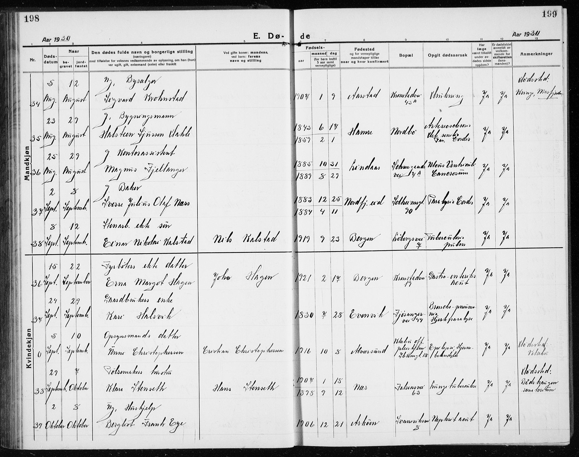 Årstad Sokneprestembete, AV/SAB-A-79301/H/Hab/L0025: Parish register (copy) no. D 2, 1922-1940, p. 198-199