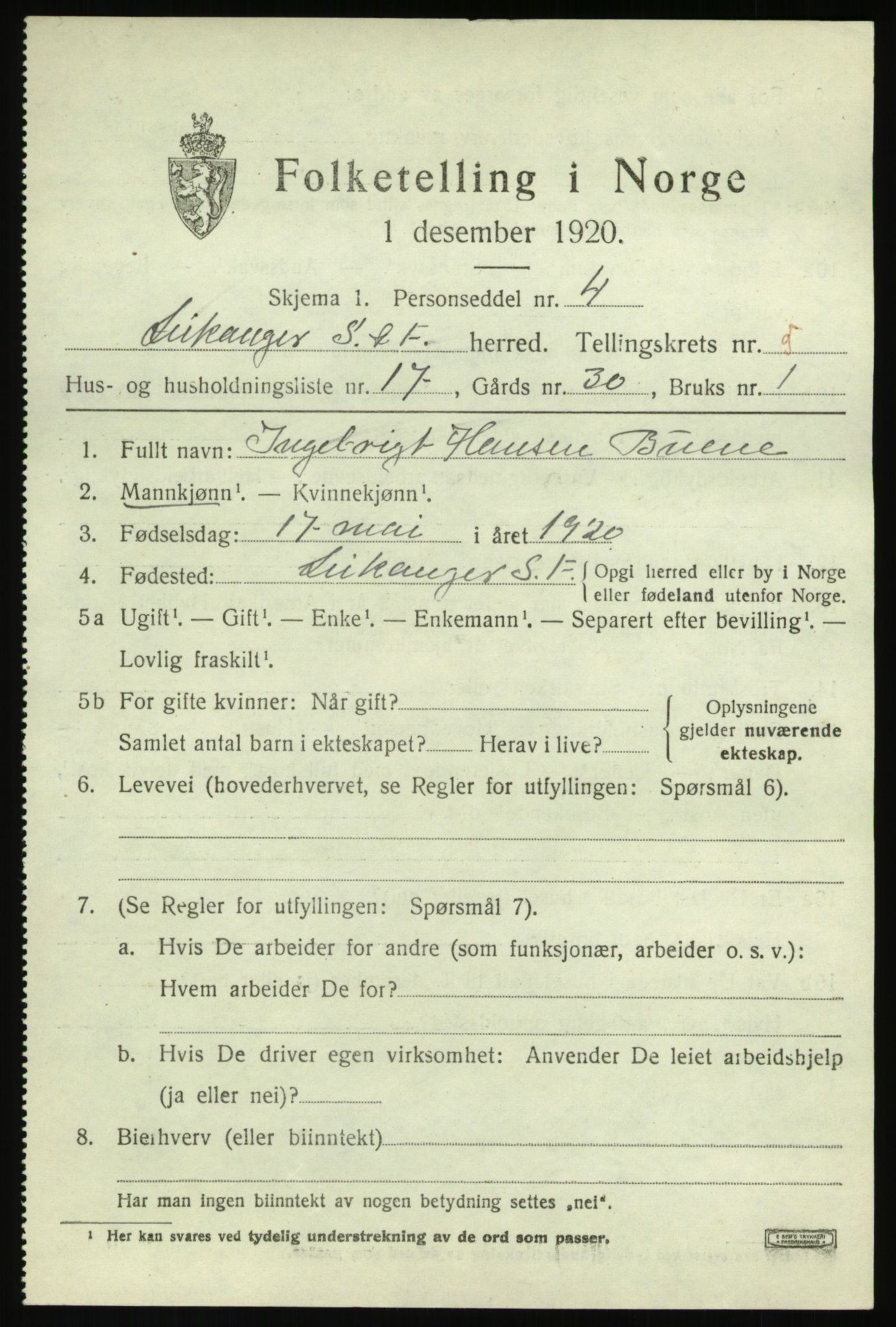 SAB, 1920 census for Leikanger, 1920, p. 3800