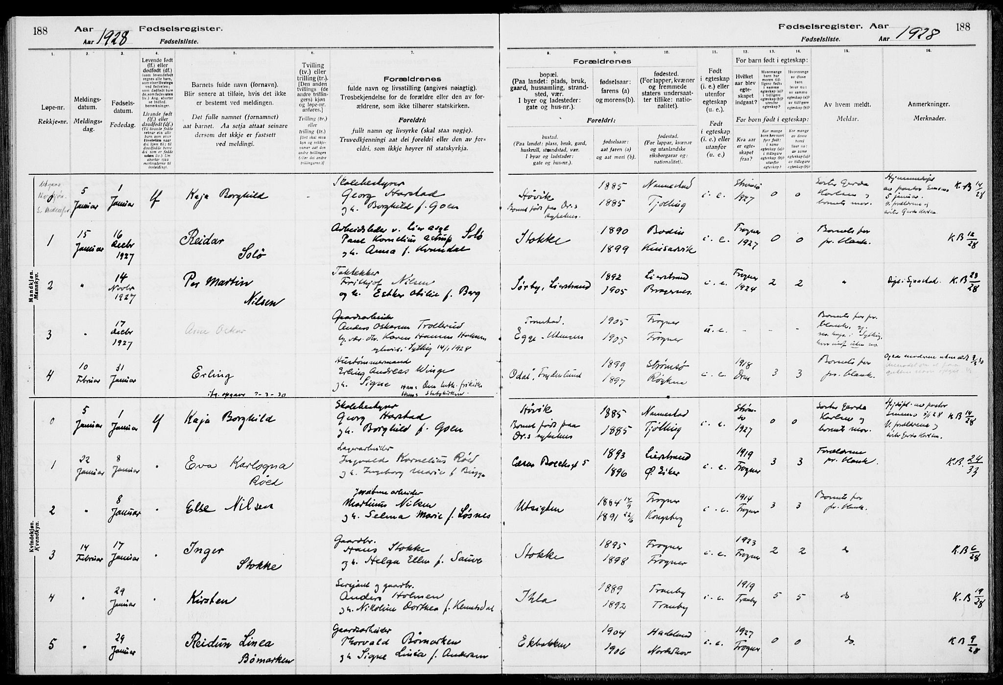 Lier kirkebøker, AV/SAKO-A-230/J/Ja/L0001: Birth register no. 1, 1916-1928, p. 188