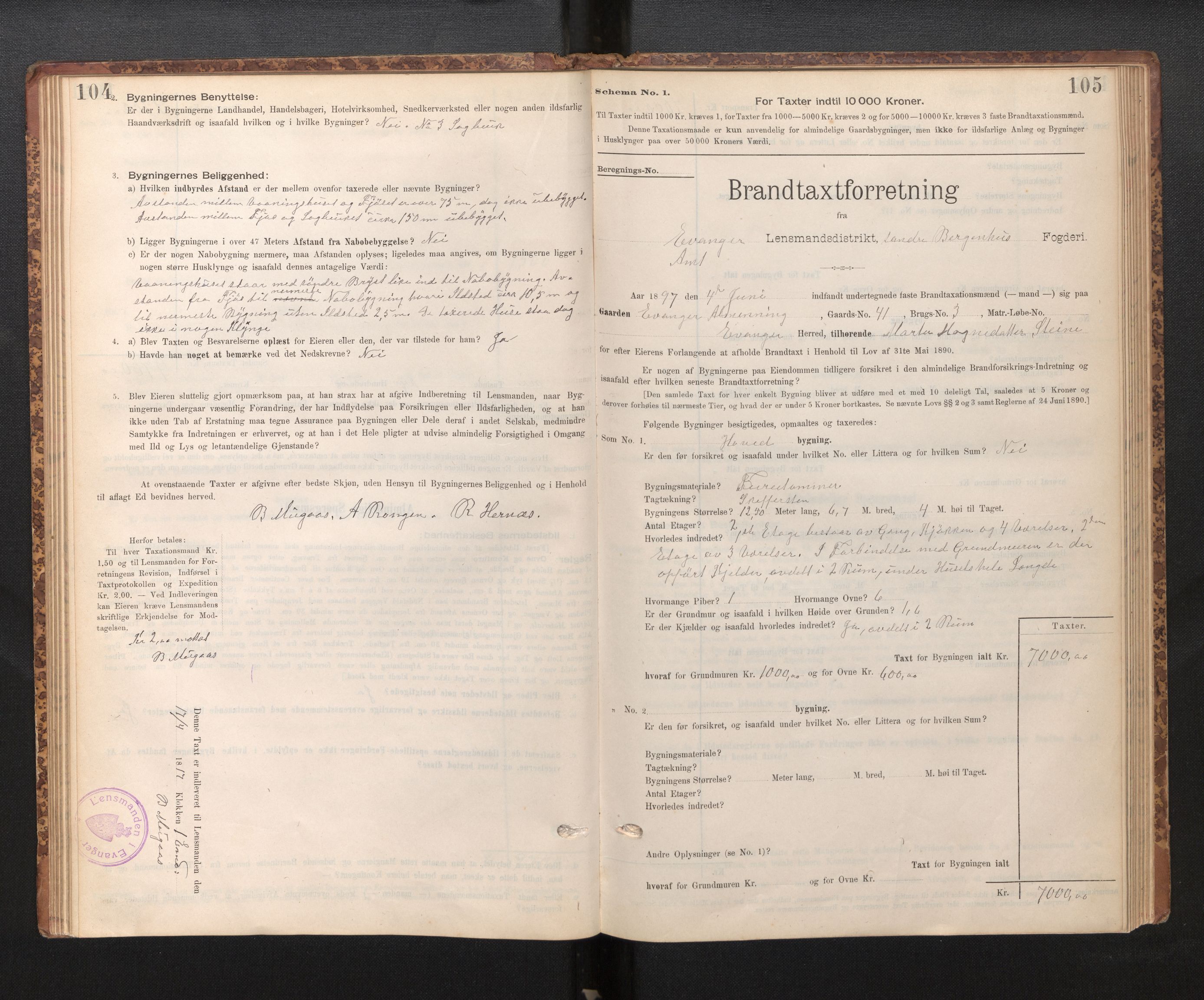 Lensmannen i Evanger, SAB/A-31701/0012/L0005: Branntakstprotokoll, skjematakst, 1895-1935, p. 104-105