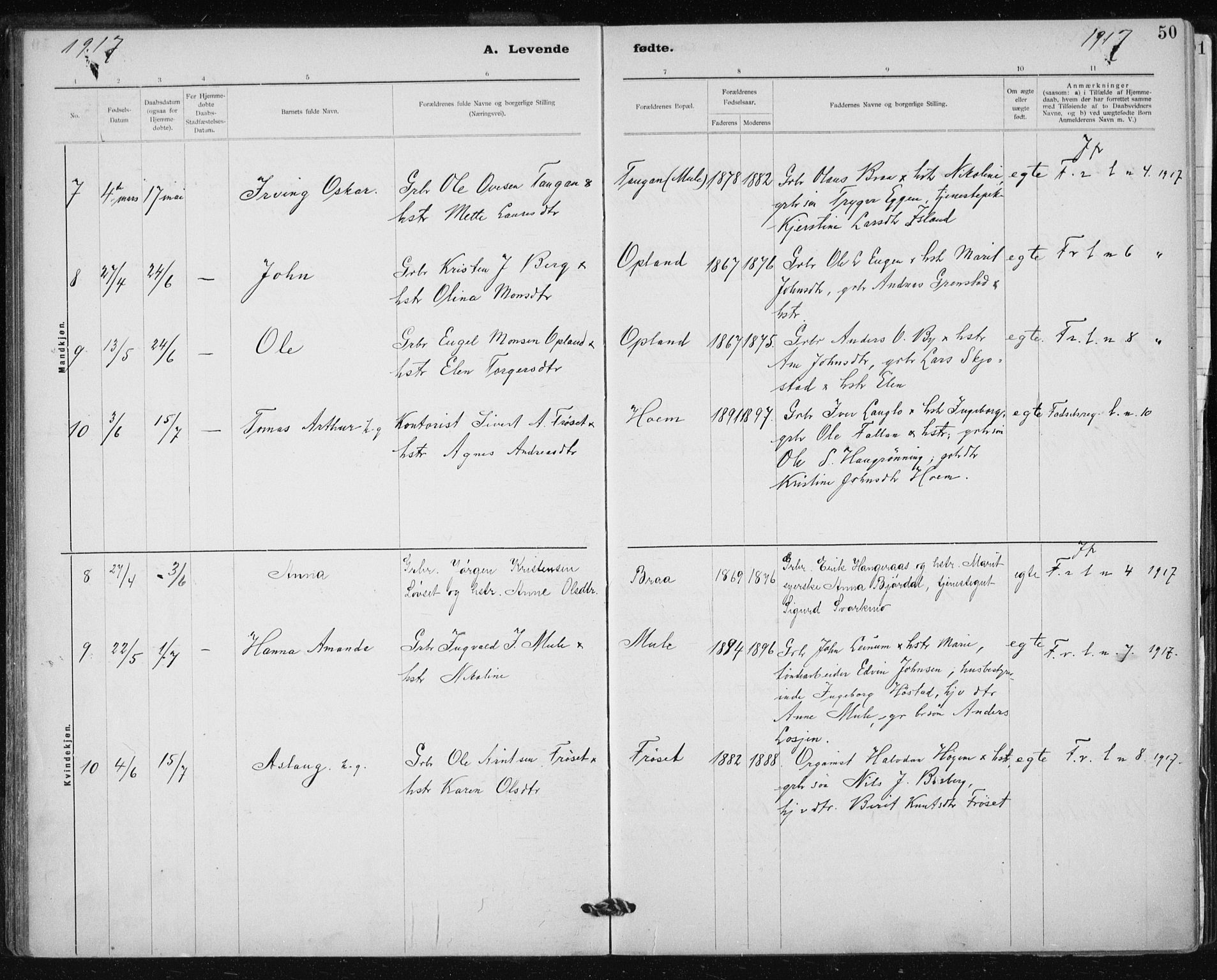 Ministerialprotokoller, klokkerbøker og fødselsregistre - Sør-Trøndelag, AV/SAT-A-1456/612/L0381: Parish register (official) no. 612A13, 1907-1923, p. 50