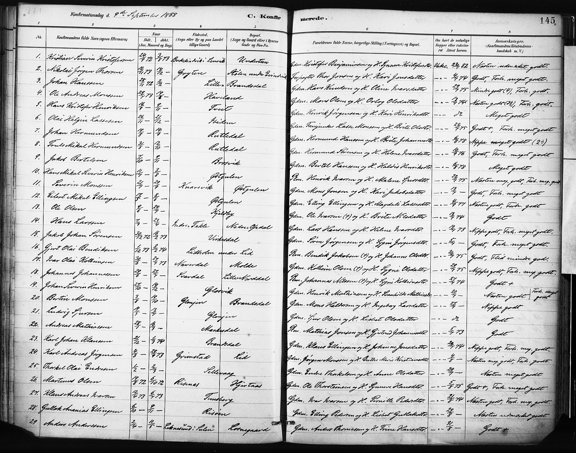Gulen sokneprestembete, SAB/A-80201/H/Haa/Haab/L0001: Parish register (official) no. B 1, 1881-1905, p. 145