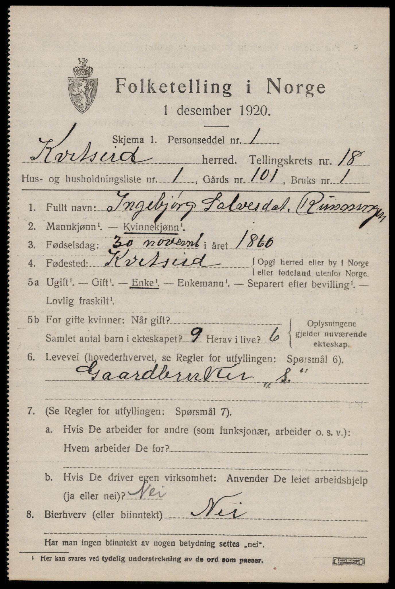 SAKO, 1920 census for Kviteseid, 1920, p. 8067