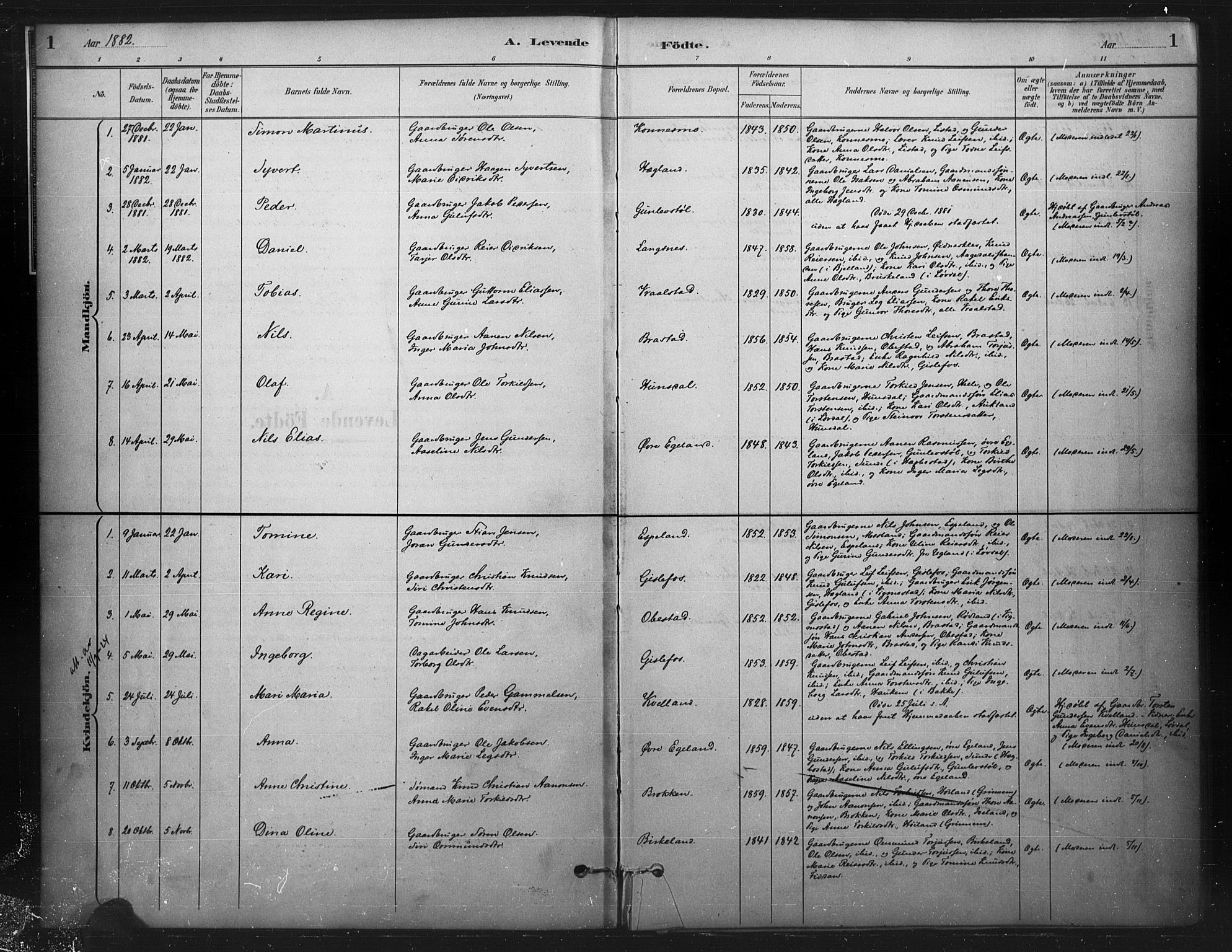 Nord-Audnedal sokneprestkontor, AV/SAK-1111-0032/F/Fa/Faa/L0003: Parish register (official) no. A 3, 1882-1900, p. 1