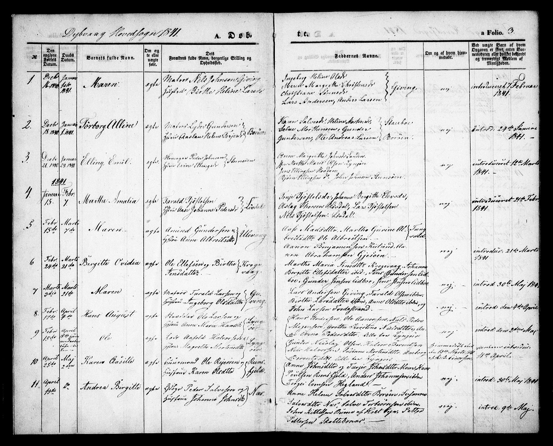 Dypvåg sokneprestkontor, SAK/1111-0007/F/Fa/Faa/L0005: Parish register (official) no. A 5, 1841-1854, p. 3