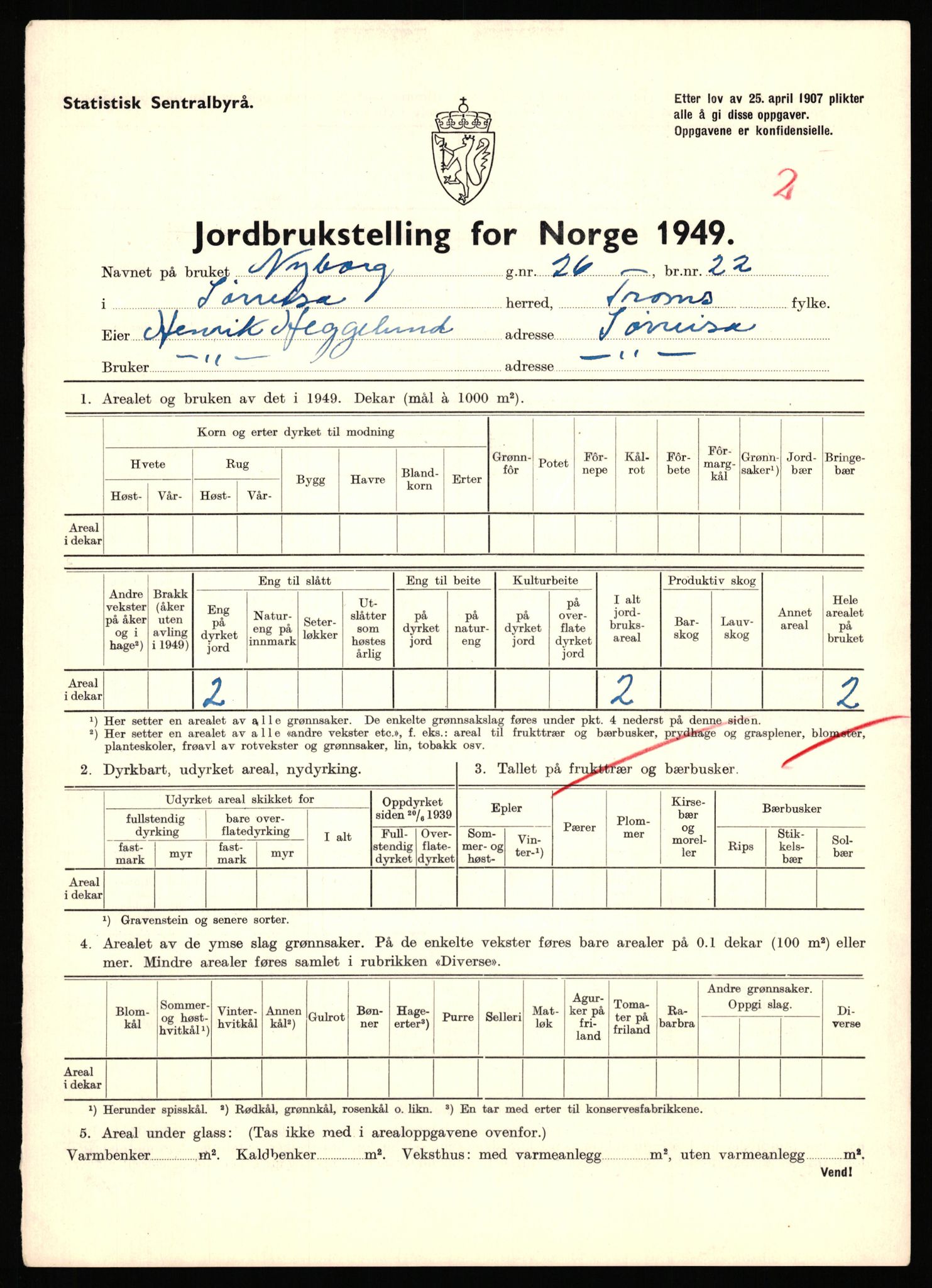 Statistisk sentralbyrå, Næringsøkonomiske emner, Jordbruk, skogbruk, jakt, fiske og fangst, AV/RA-S-2234/G/Gc/L0440: Troms: Sørreisa og Dyrøy, 1949, p. 16