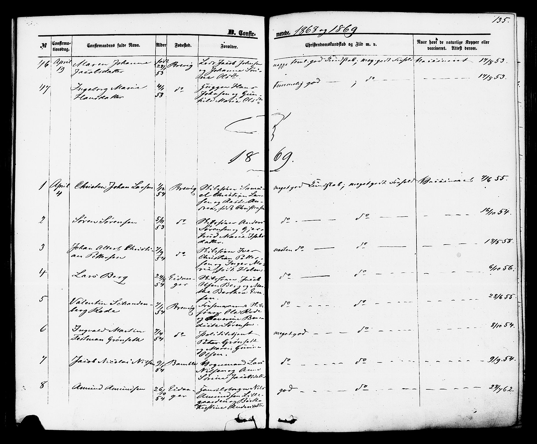 Brevik kirkebøker, SAKO/A-255/F/Fa/L0006: Parish register (official) no. 6, 1866-1881, p. 135