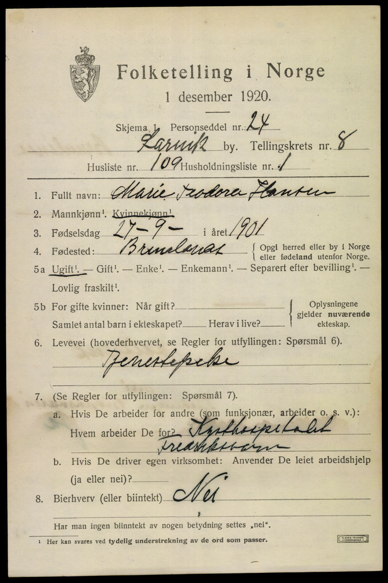 SAKO, 1920 census for Larvik, 1920, p. 24506