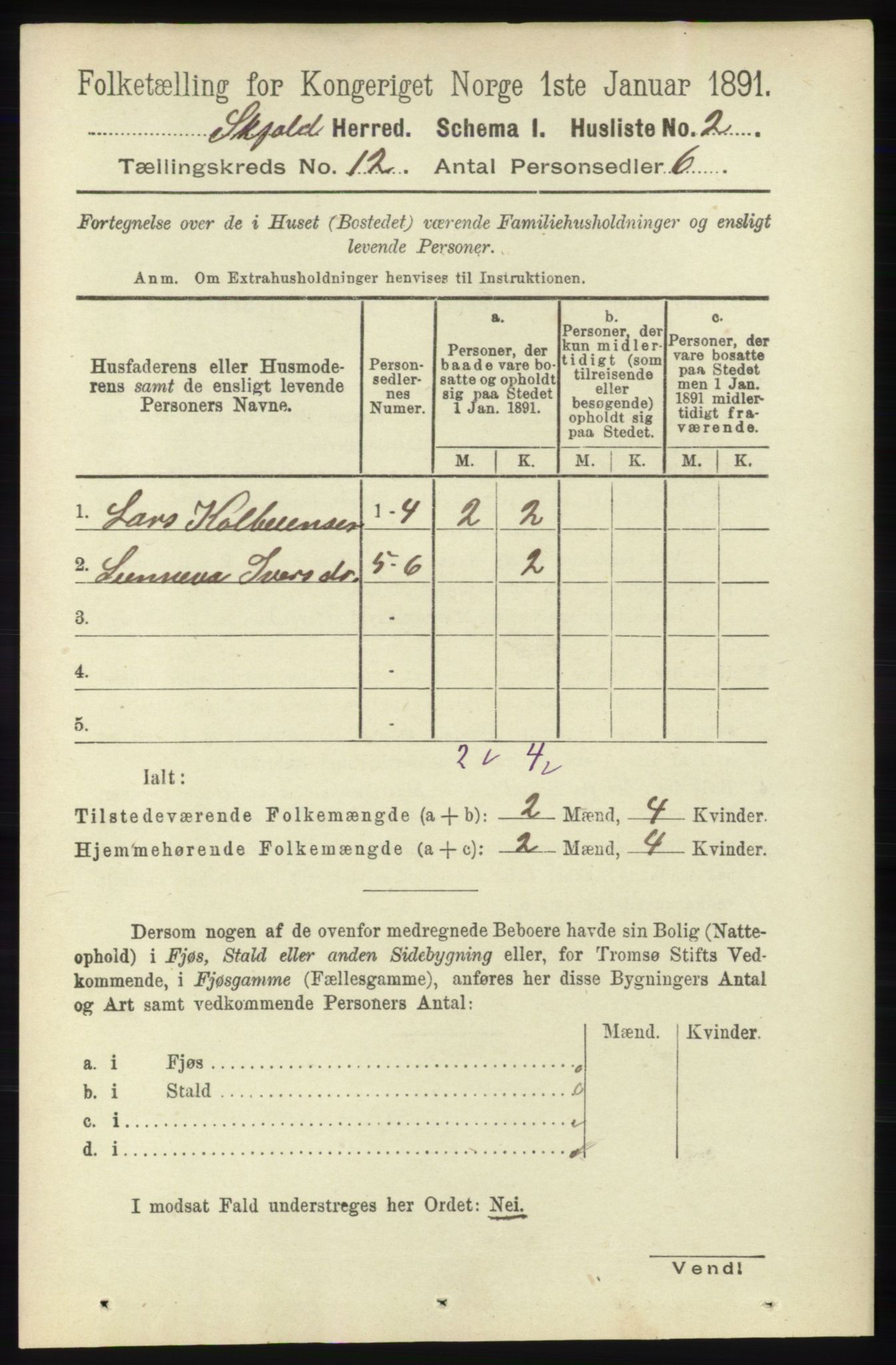 RA, 1891 census for 1154 Skjold, 1891, p. 2230