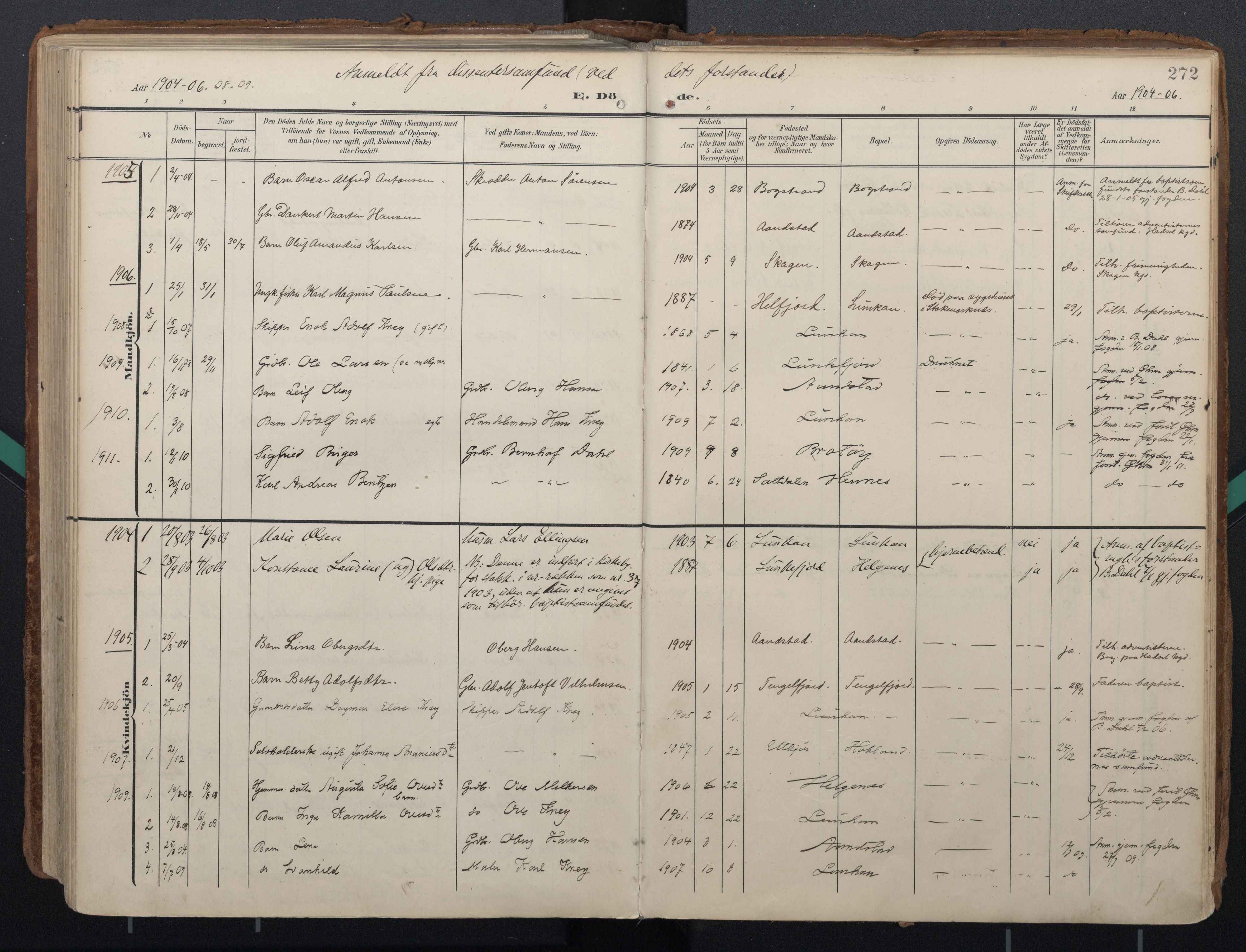 Ministerialprotokoller, klokkerbøker og fødselsregistre - Nordland, AV/SAT-A-1459/888/L1248: Parish register (official) no. 888A14, 1904-1913, p. 272