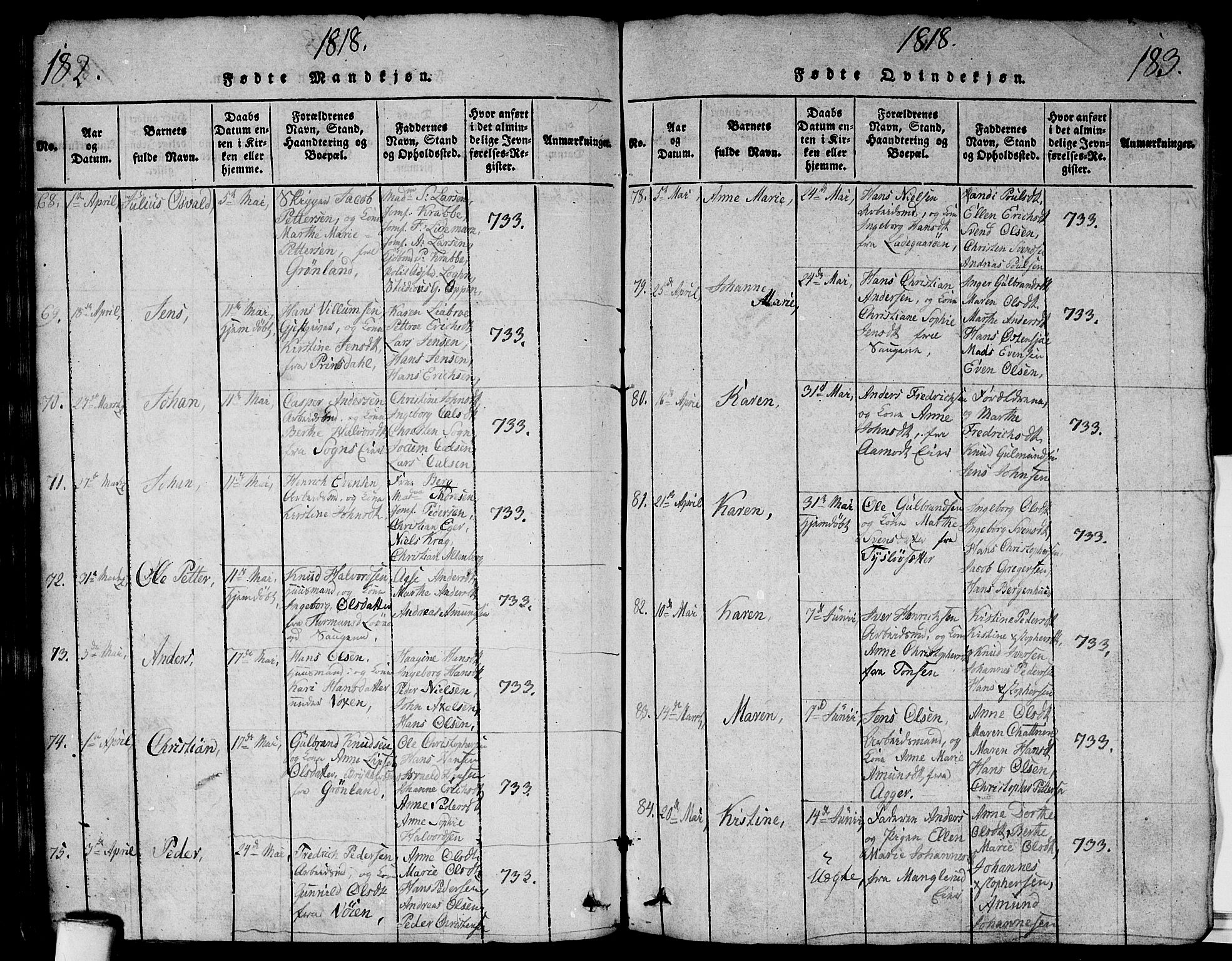 Aker prestekontor kirkebøker, AV/SAO-A-10861/G/L0002: Parish register (copy) no. 2, 1815-1819, p. 182-183