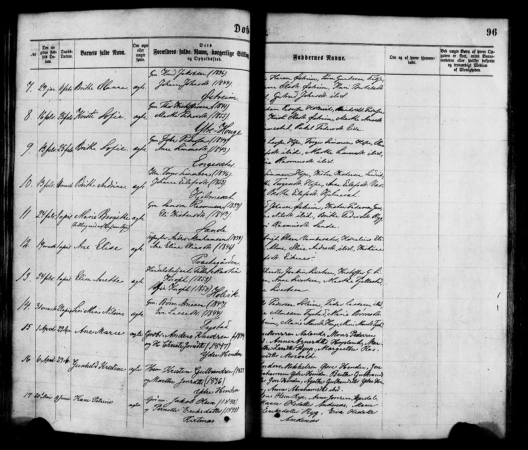 Gloppen sokneprestembete, SAB/A-80101/H/Haa/Haaa/L0010: Parish register (official) no. A 10, 1871-1884, p. 96