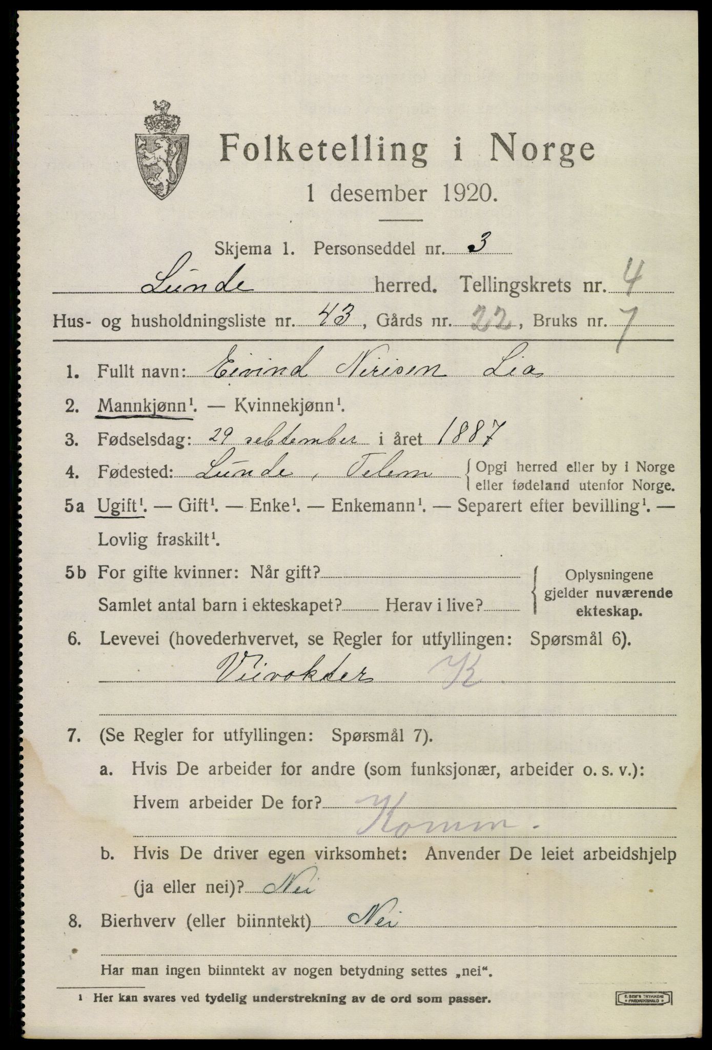 SAKO, 1920 census for Lunde, 1920, p. 3391