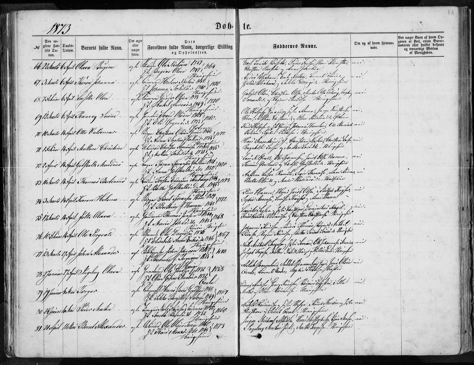 Torvastad sokneprestkontor, SAST/A -101857/H/Ha/Haa/L0012: Parish register (official) no. A 12.1, 1867-1877, p. 84