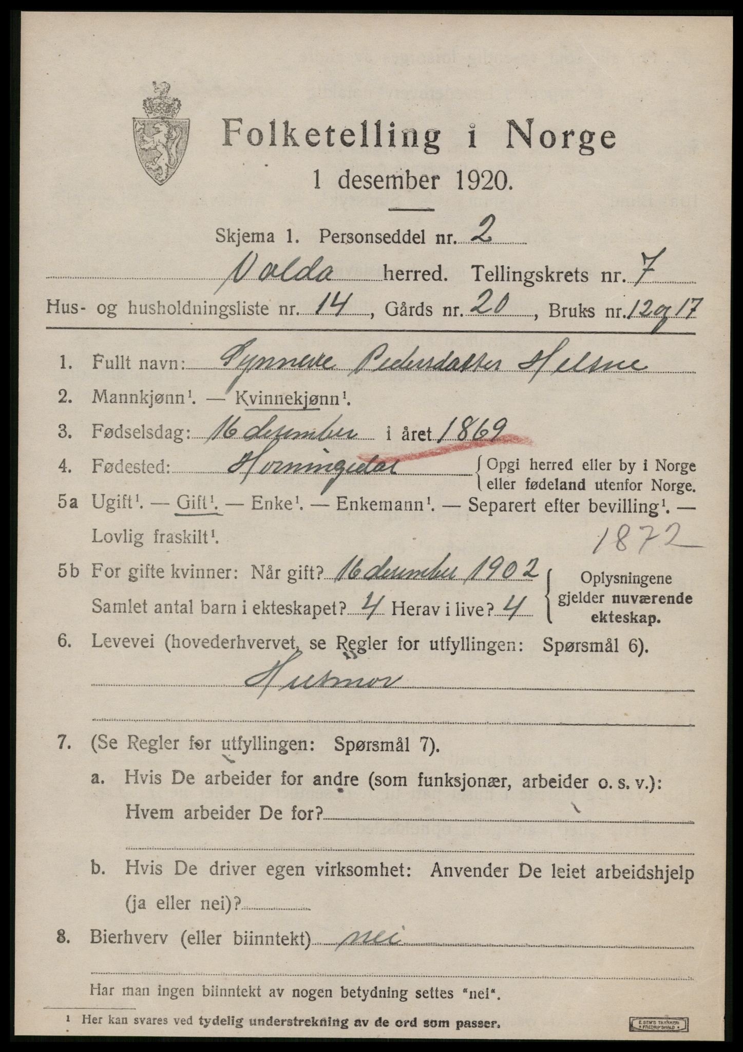 SAT, 1920 census for Volda, 1920, p. 6296