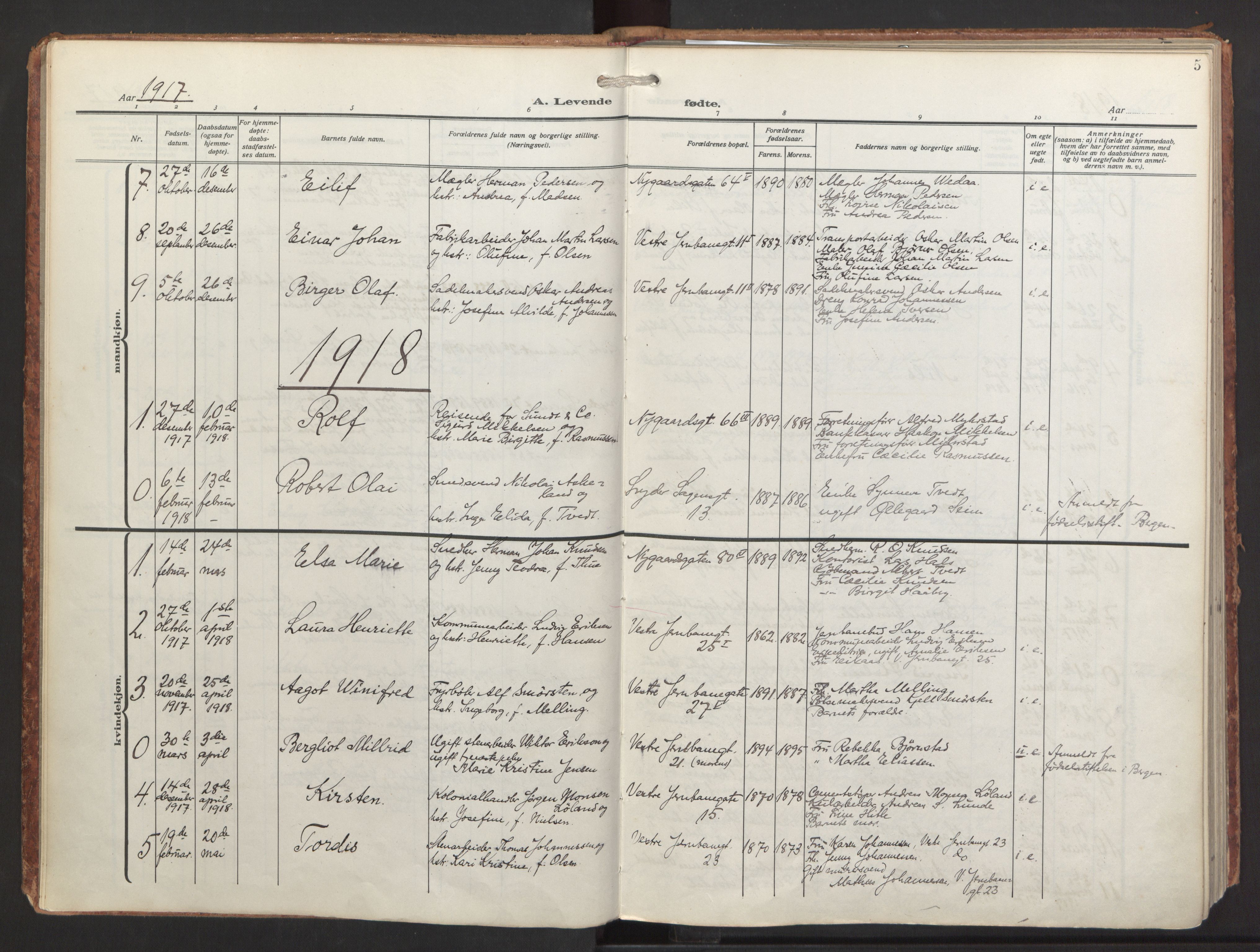 St. Jacob sokneprestembete, AV/SAB-A-78001/H/Haa/L0001: Parish register (official) no. A 1, 1917-1952, p. 5