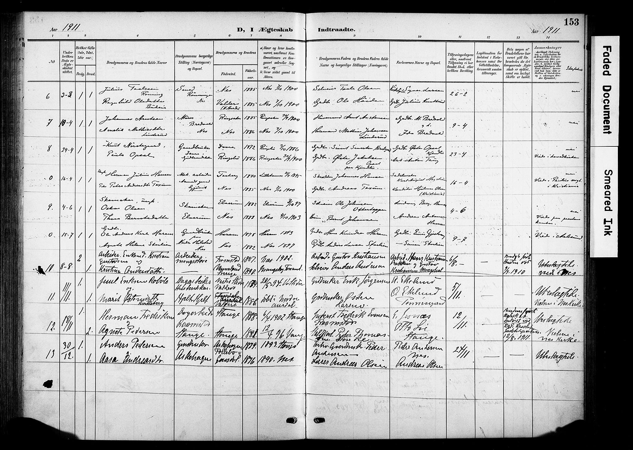 Nes prestekontor, Hedmark, AV/SAH-PREST-020/K/Ka/L0013: Parish register (official) no. 13, 1906-1924, p. 153