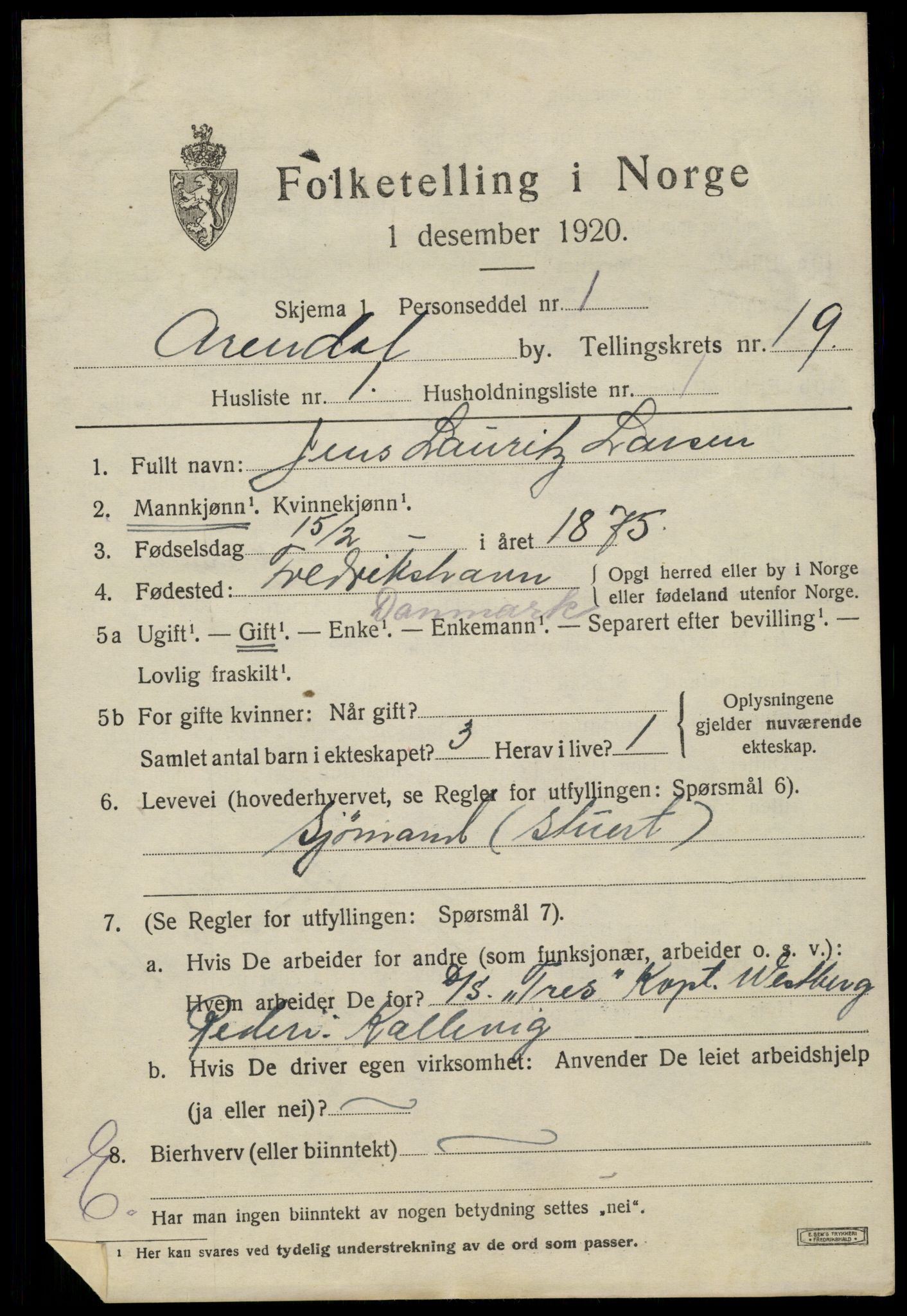 SAK, 1920 census for Arendal, 1920, p. 25884