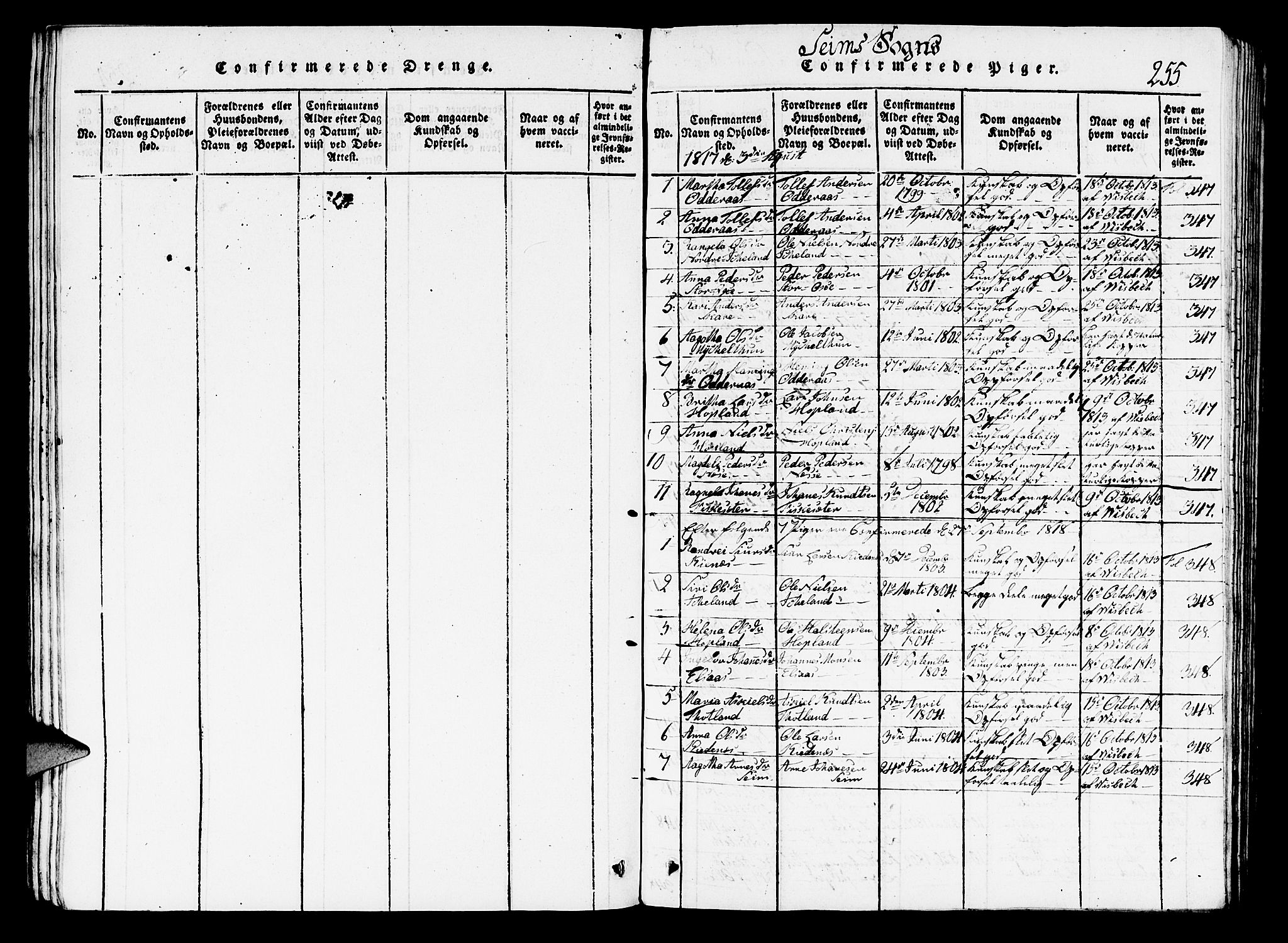 Hosanger sokneprestembete, SAB/A-75801/H/Hab: Parish register (copy) no. A 1 /2, 1816-1825, p. 255