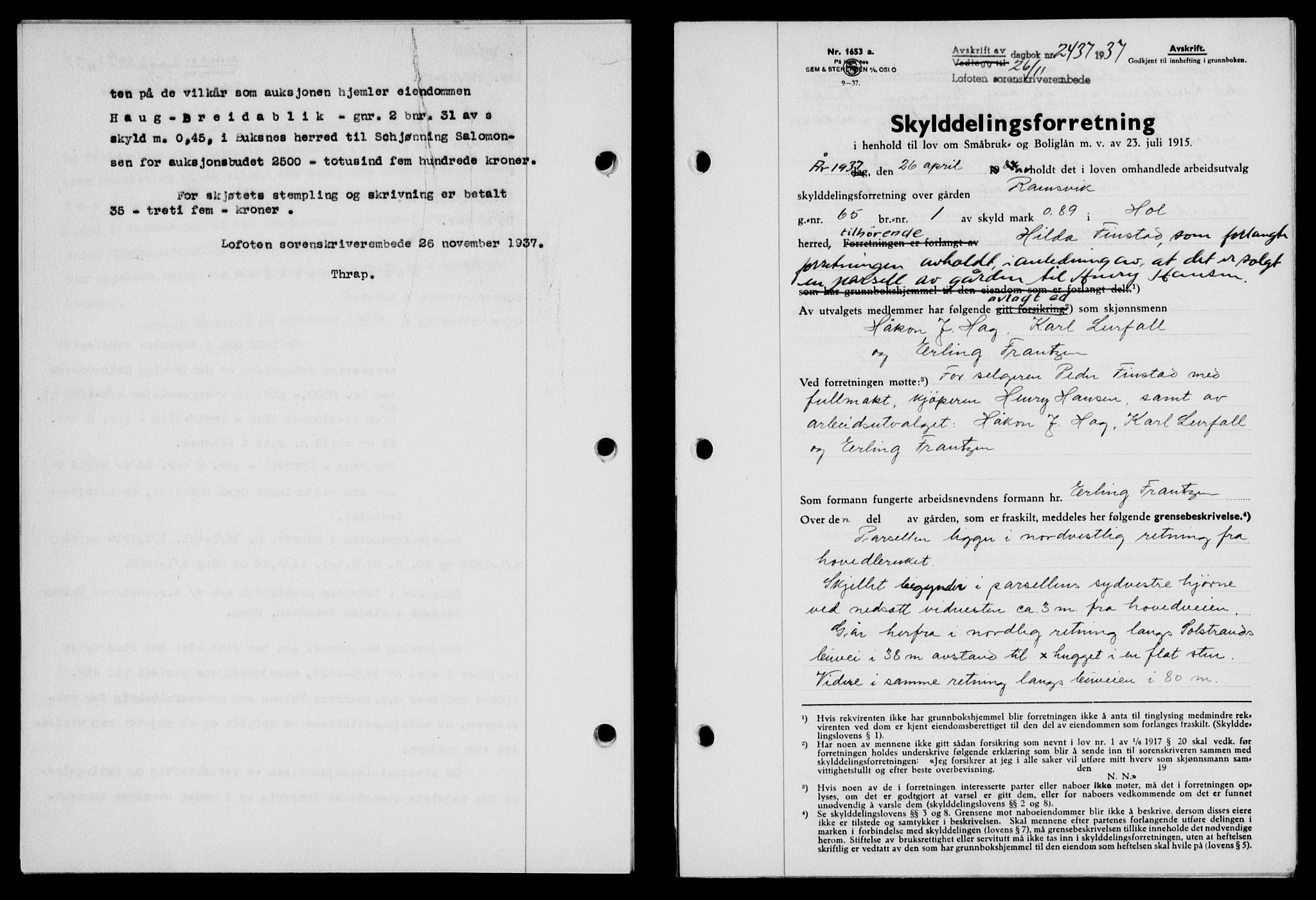 Lofoten sorenskriveri, SAT/A-0017/1/2/2C/L0003a: Mortgage book no. 3a, 1937-1938, Diary no: : 2437/1937
