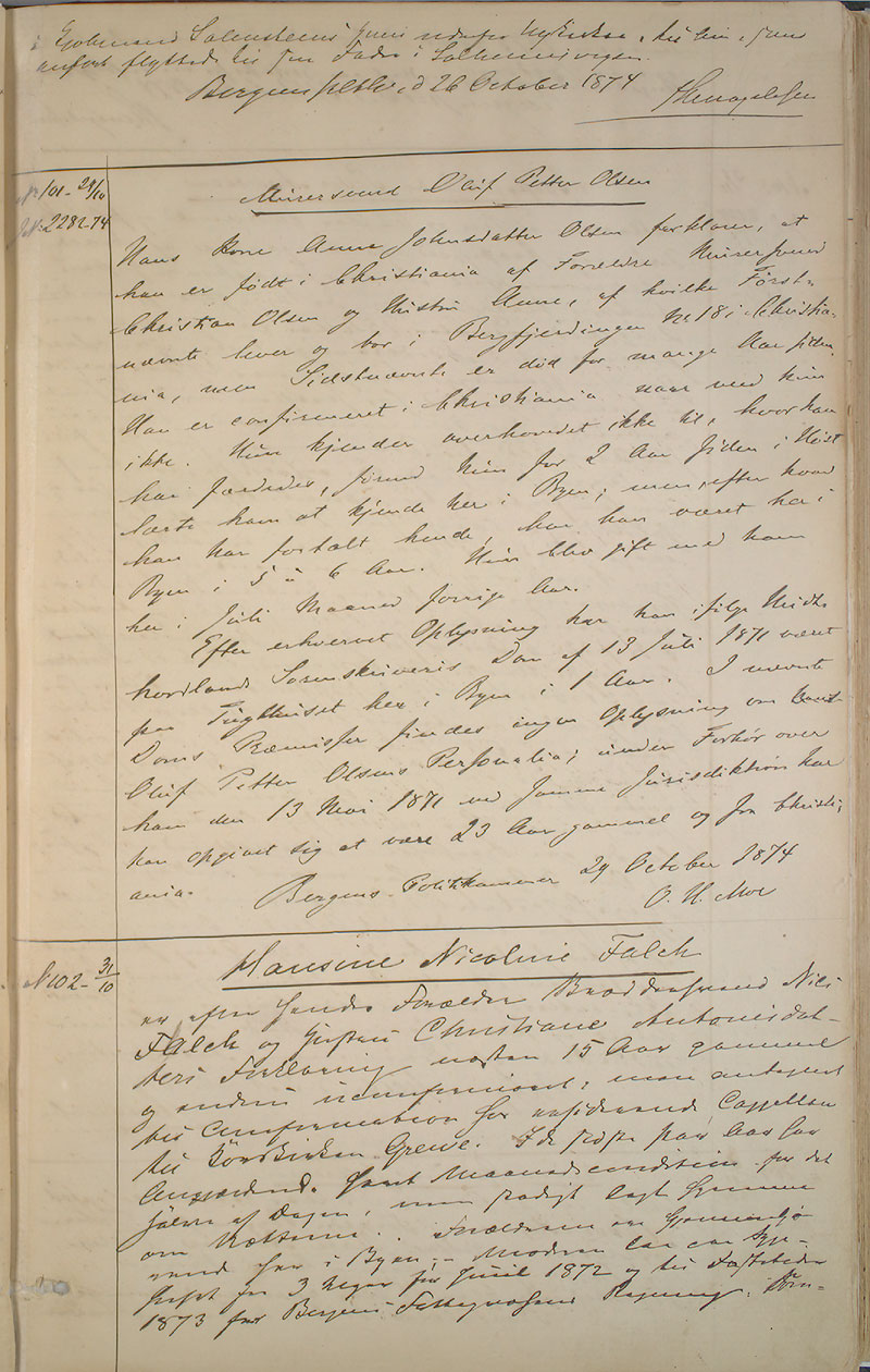 Bergen politikammer / politidistrikt, AV/SAB-A-60401/I/Ic, 1874-1878