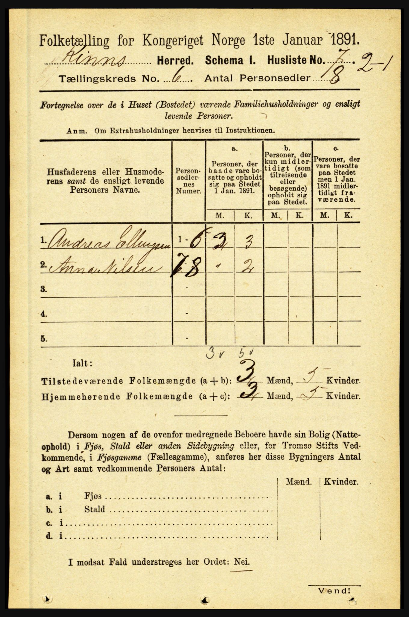 RA, 1891 census for 1437 Kinn, 1891, p. 2219