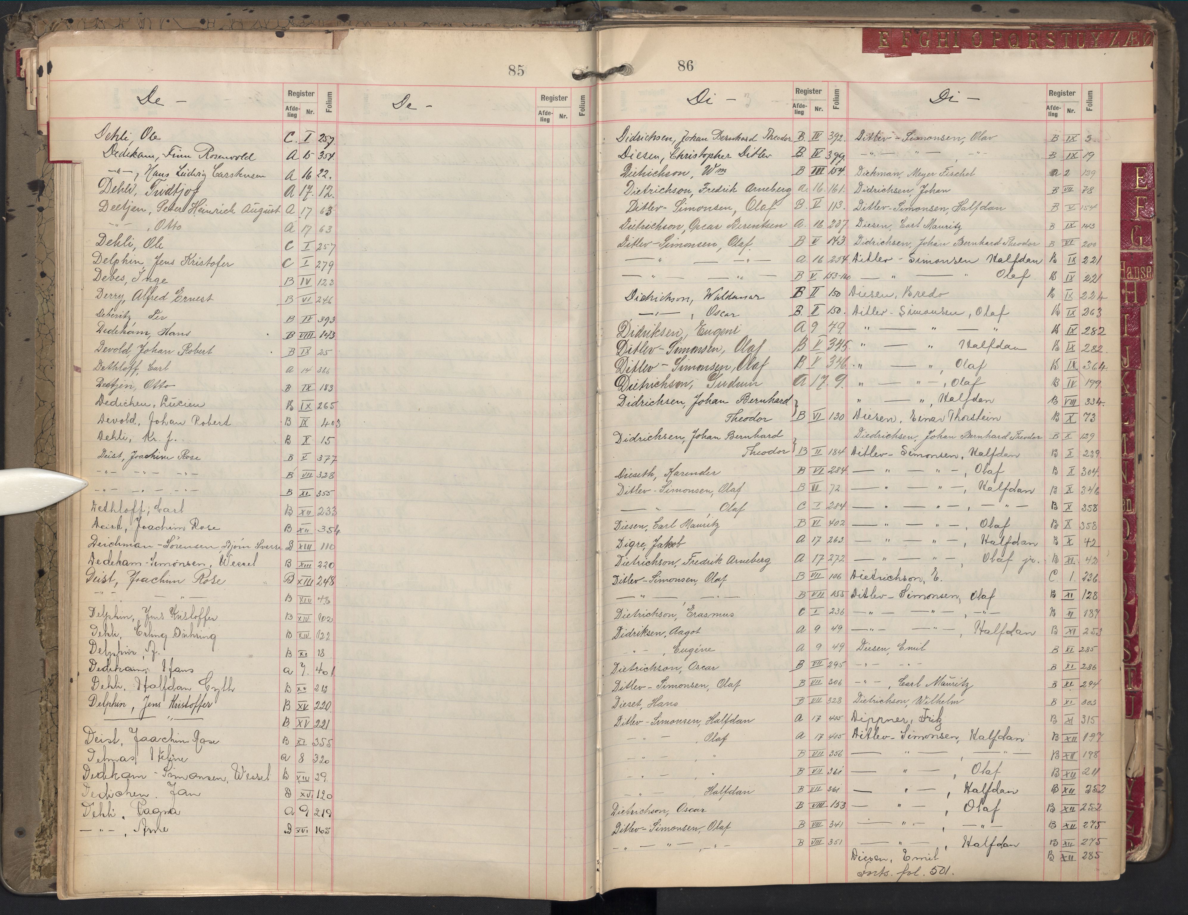 Oslo byfogd avd. II, AV/SAO-A-10942/G/Ga/Gab/L0002: Personregister: A 1-17, B 1-17, C 1, 1907, p. 85-86