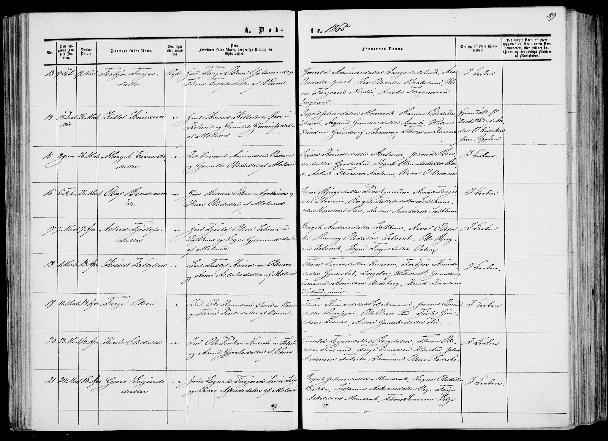 Fyresdal kirkebøker, SAKO/A-263/F/Fa/L0005: Parish register (official) no. I 5, 1855-1871, p. 89