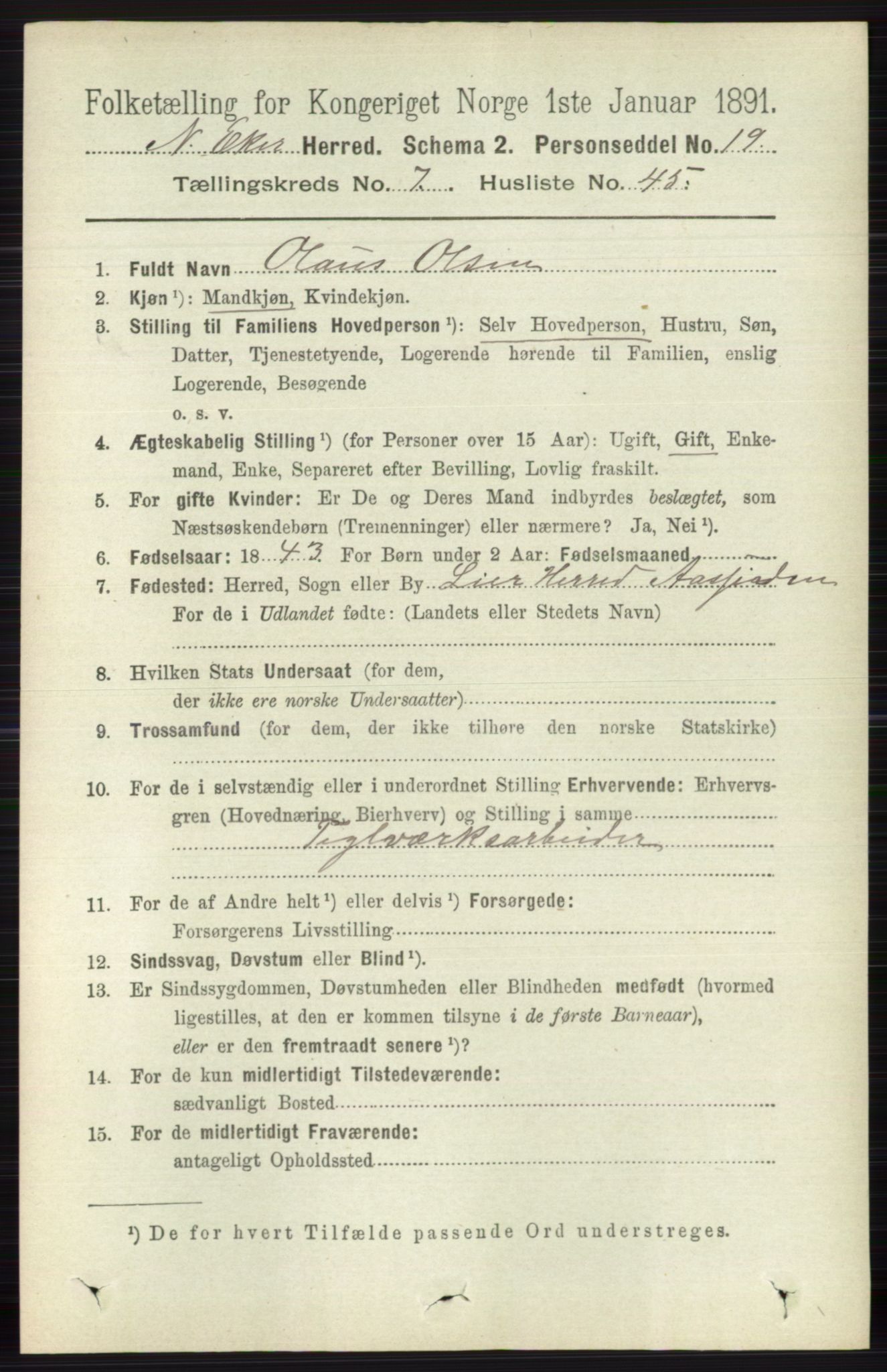 RA, 1891 census for 0625 Nedre Eiker, 1891, p. 3710