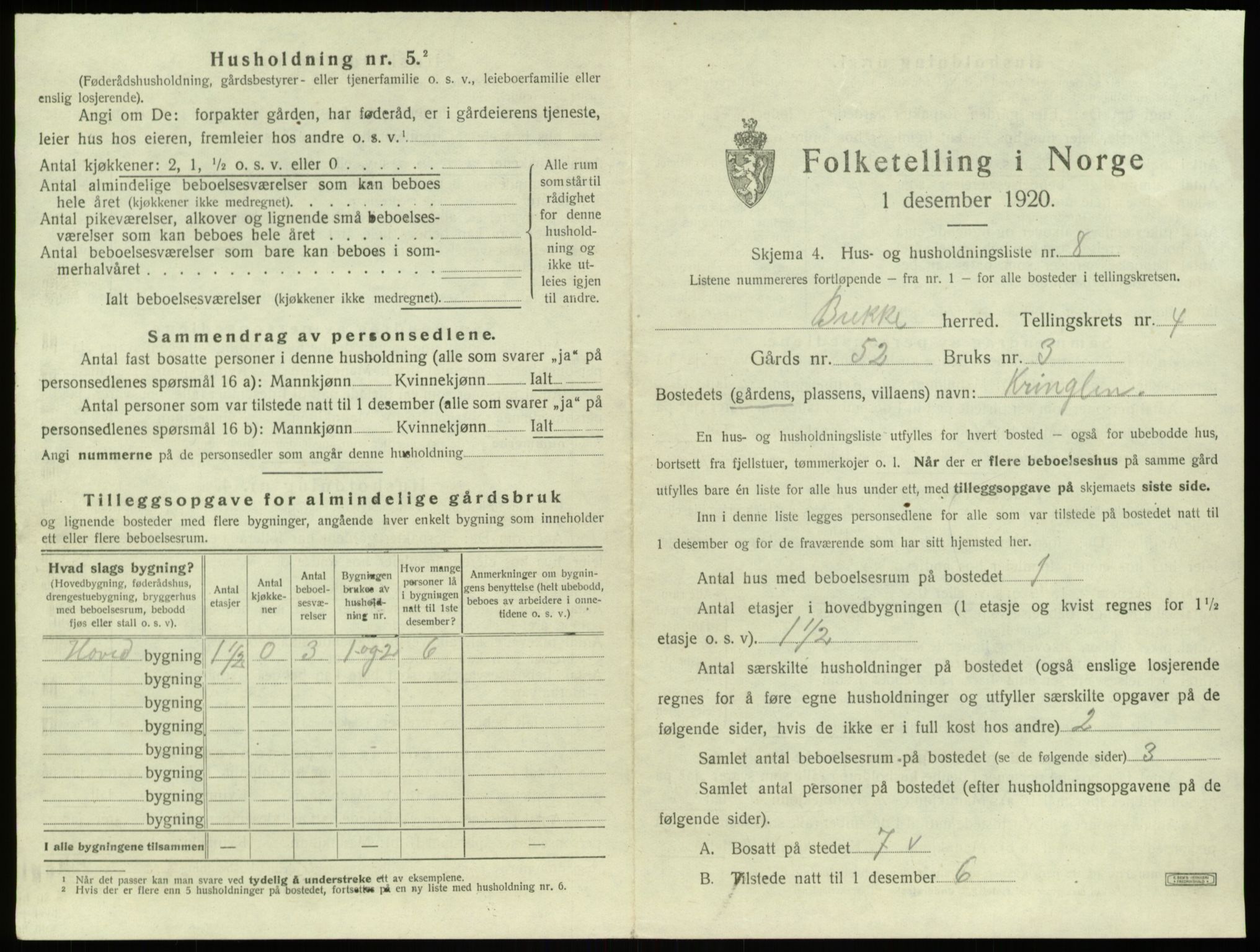 SAB, 1920 census for Brekke, 1920, p. 140