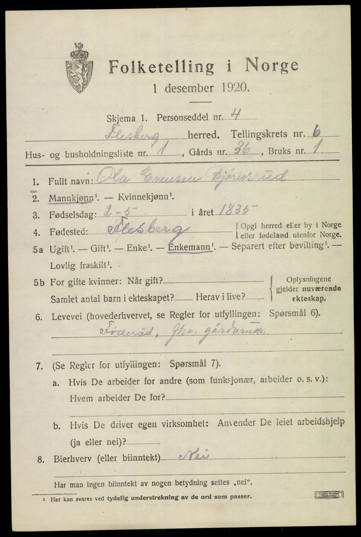 SAKO, 1920 census for Flesberg, 1920, p. 2619