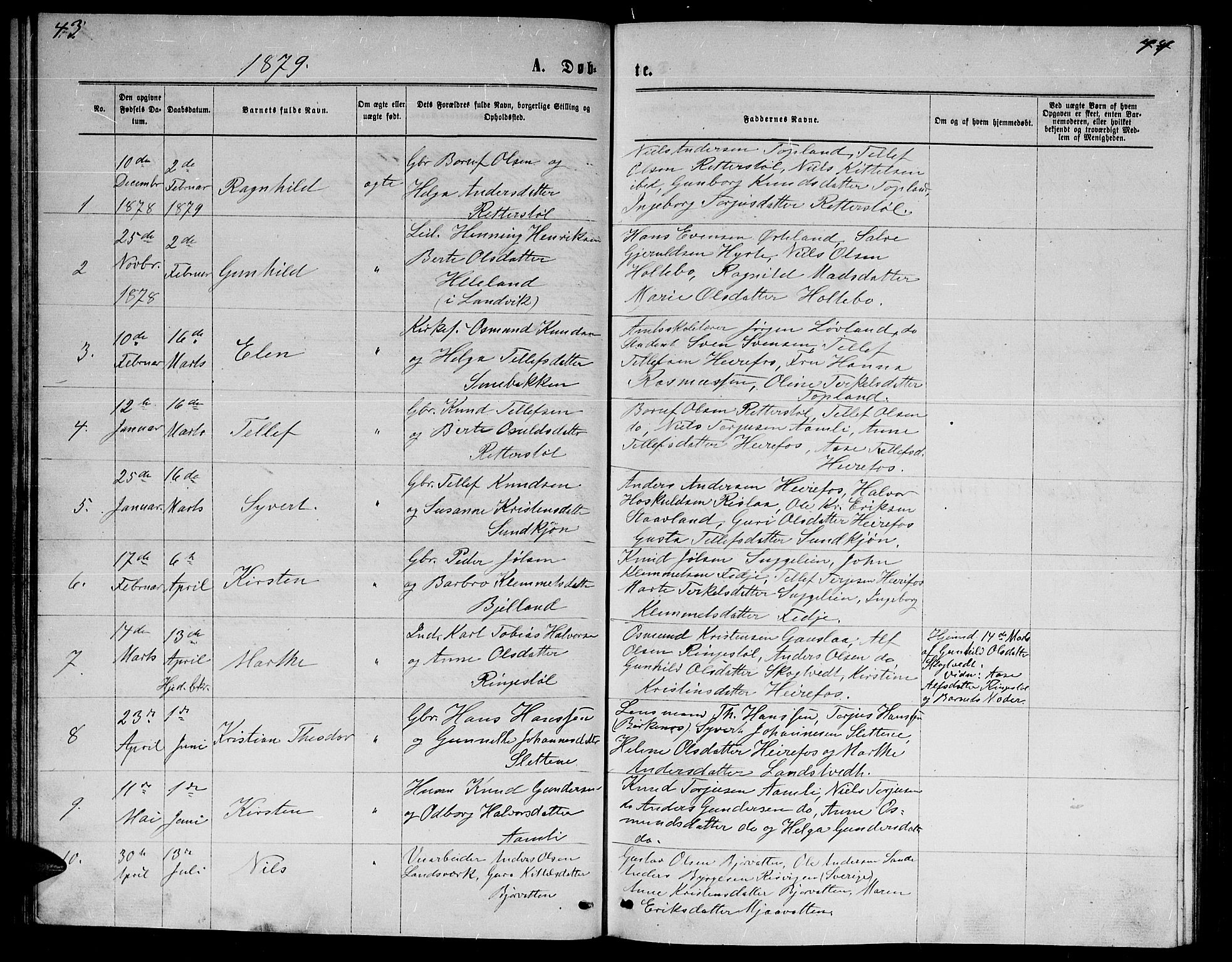 Herefoss sokneprestkontor, AV/SAK-1111-0019/F/Fb/Fba/L0002: Parish register (copy) no. B 2, 1868-1886, p. 43-44