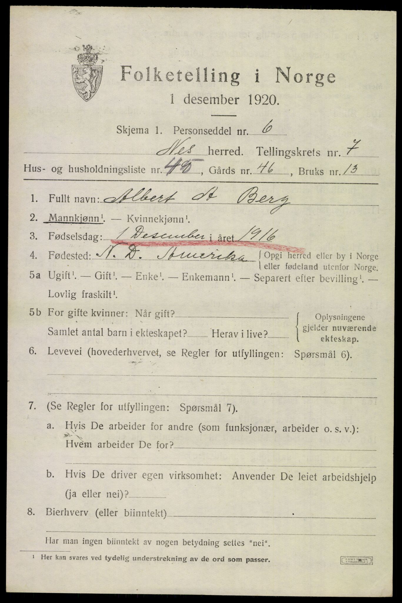 SAKO, 1920 census for Nes (Buskerud), 1920, p. 5002