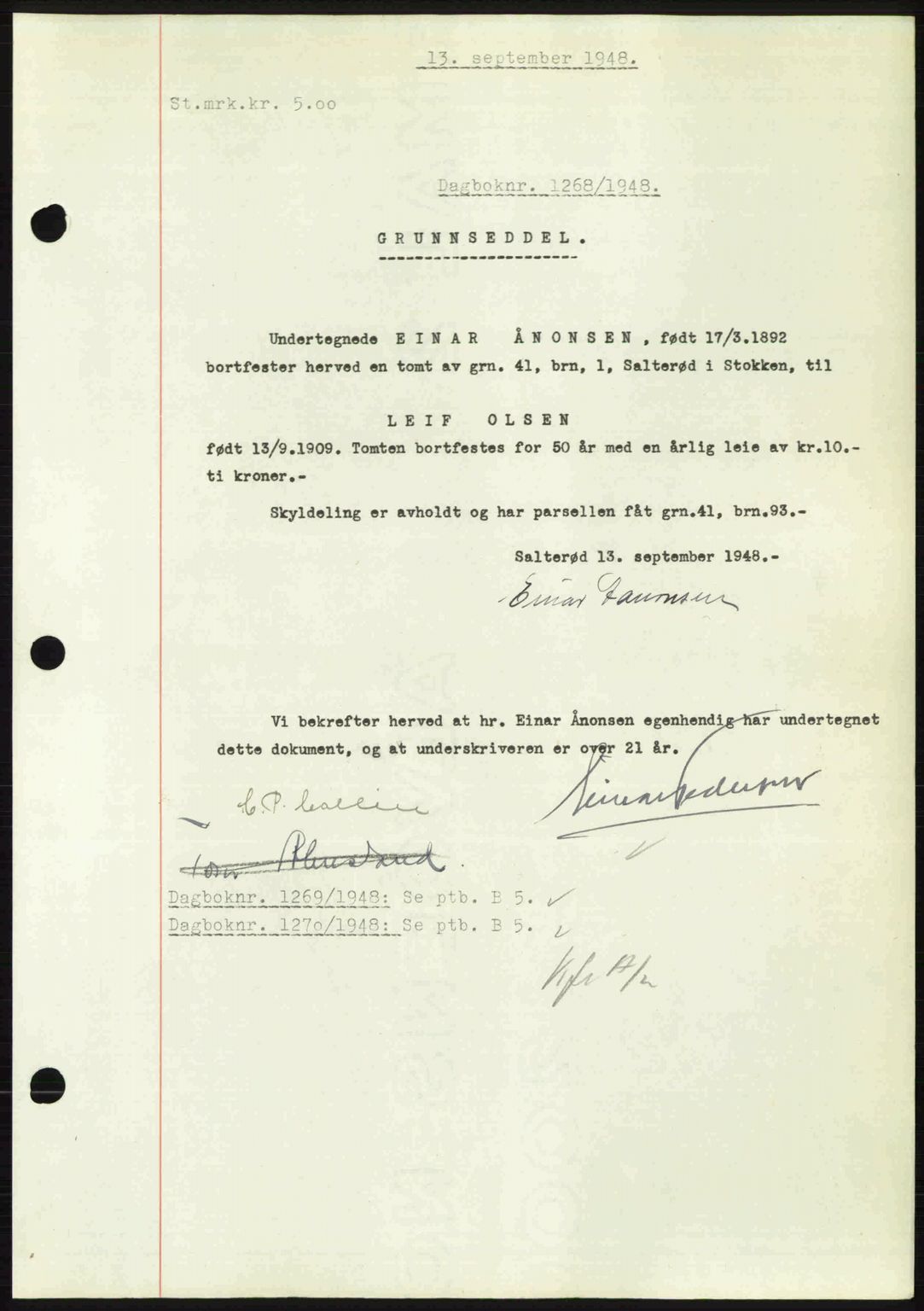 Nedenes sorenskriveri, AV/SAK-1221-0006/G/Gb/Gba/L0059: Mortgage book no. A11, 1948-1948, Diary no: : 1268/1948