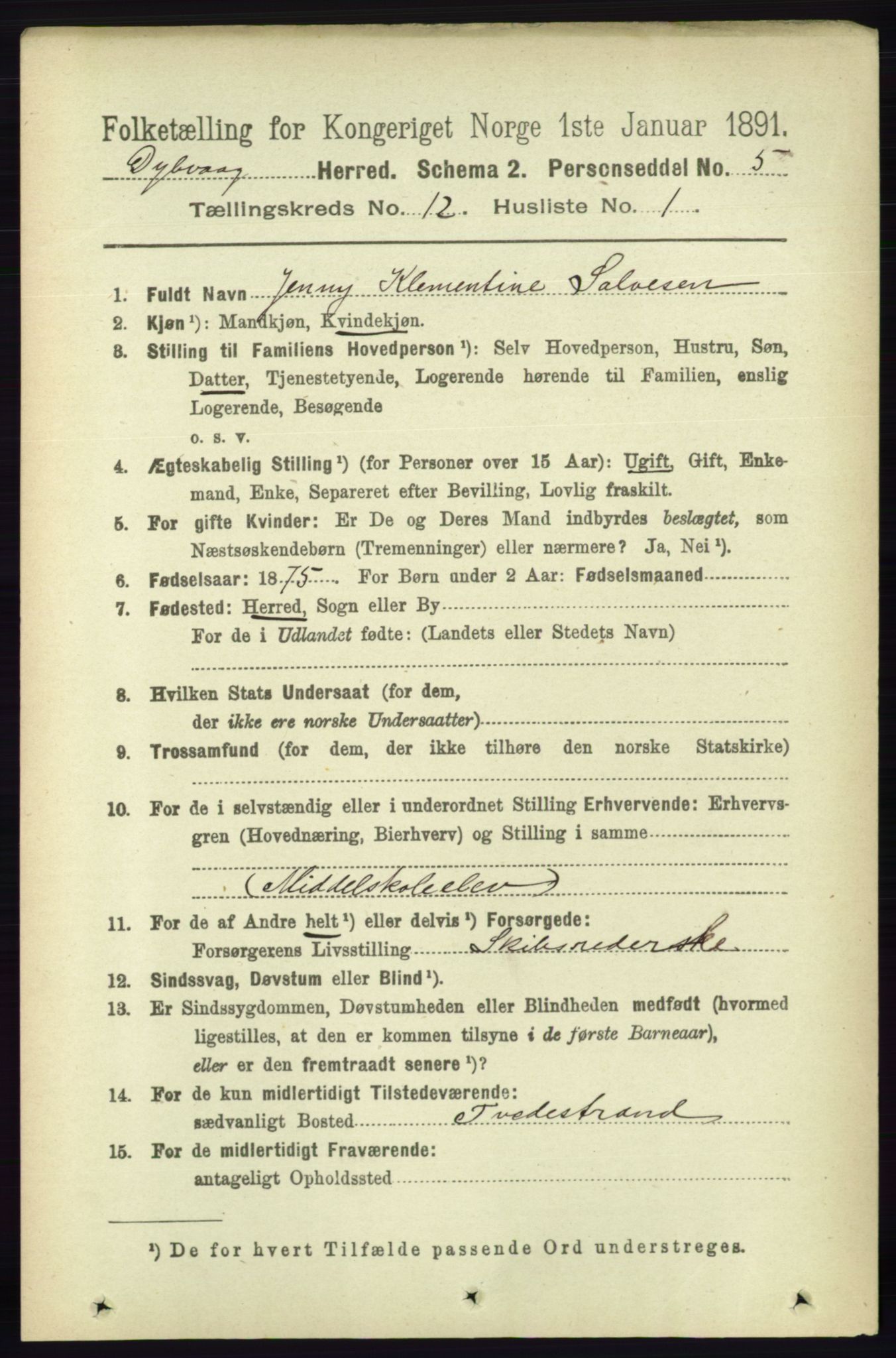 RA, 1891 census for 0915 Dypvåg, 1891, p. 4746