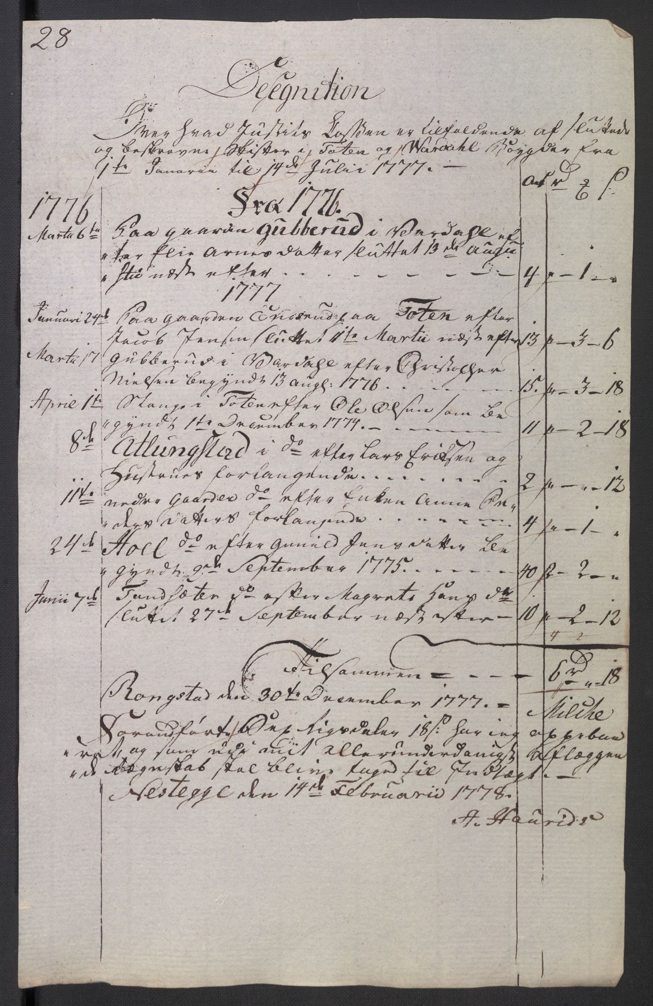 Rentekammeret inntil 1814, Reviderte regnskaper, Mindre regnskaper, AV/RA-EA-4068/Rb/L0014: Opplands amt, 1771-1779, p. 877