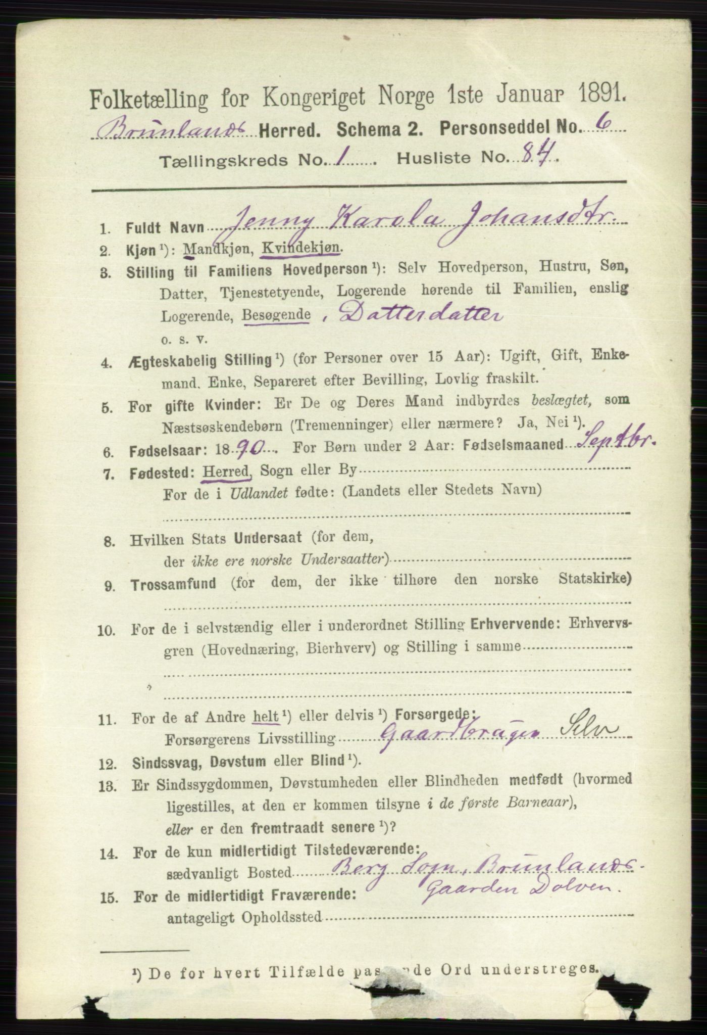 RA, 1891 census for 0726 Brunlanes, 1891, p. 598