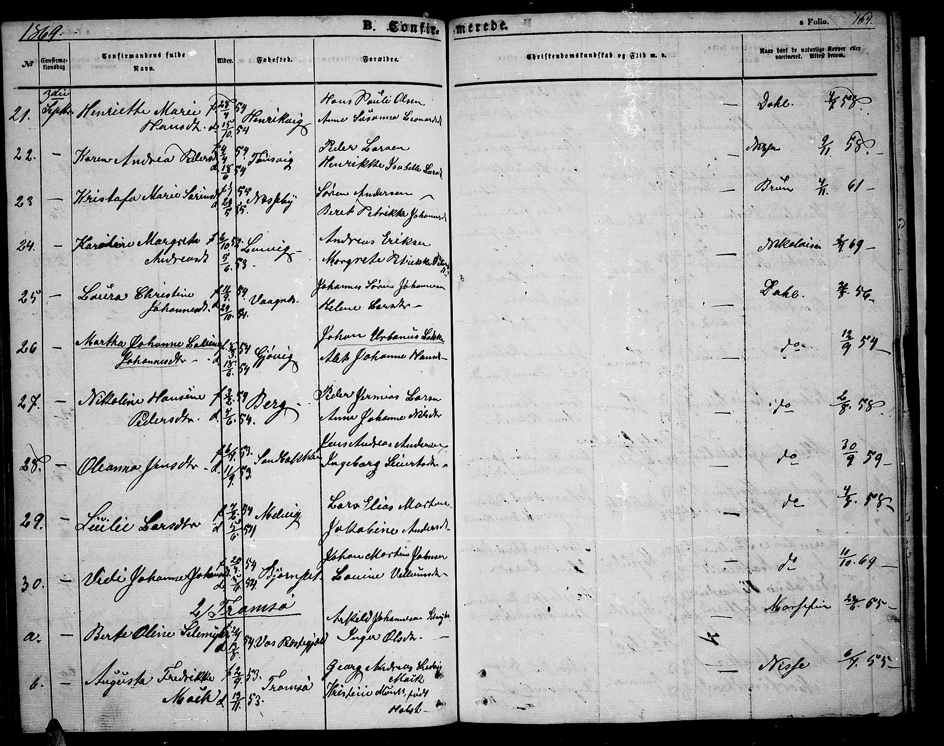 Tromsøysund sokneprestkontor, AV/SATØ-S-1304/G/Gb/L0001klokker: Parish register (copy) no. 1, 1857-1869, p. 164